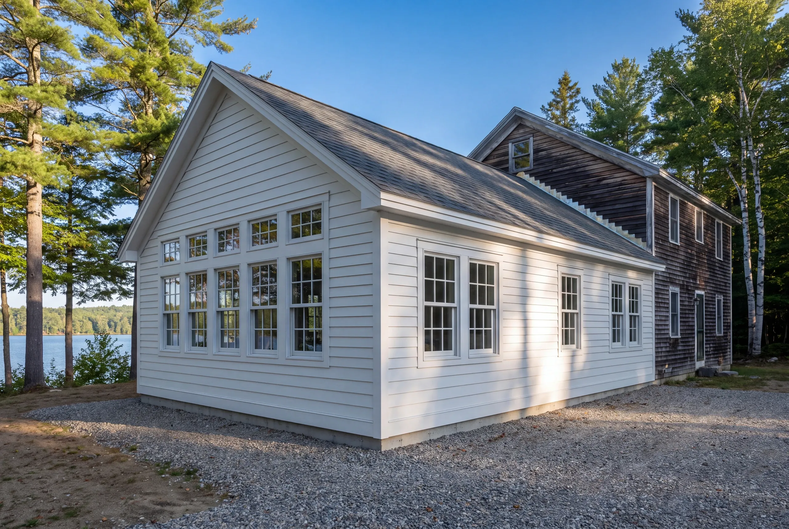 Finished great room addition facing Messalonskee Lake from a Belgrade property