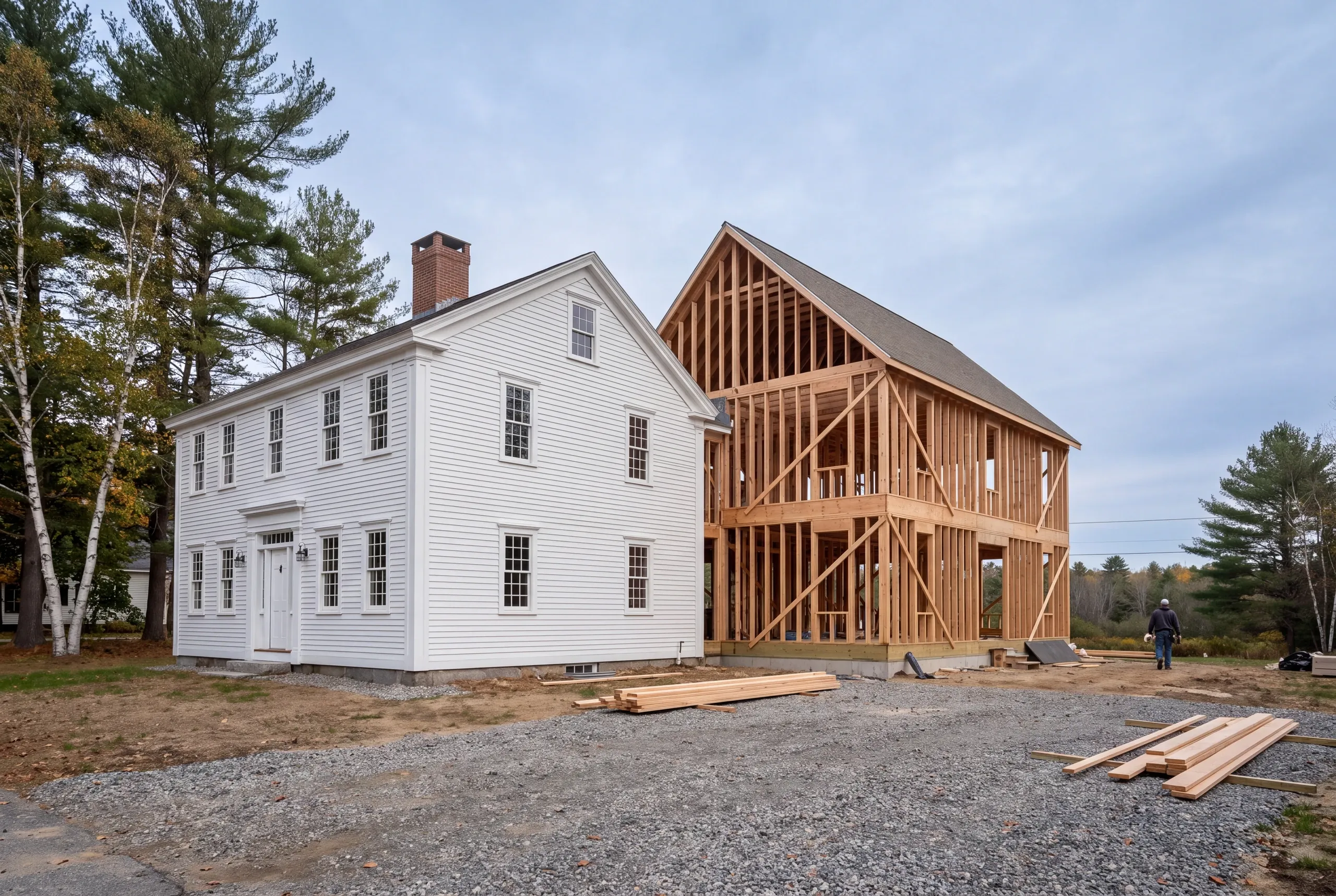 General contractor Brunswick, ME crew framing an addition behind a Federal-era Maine Street home