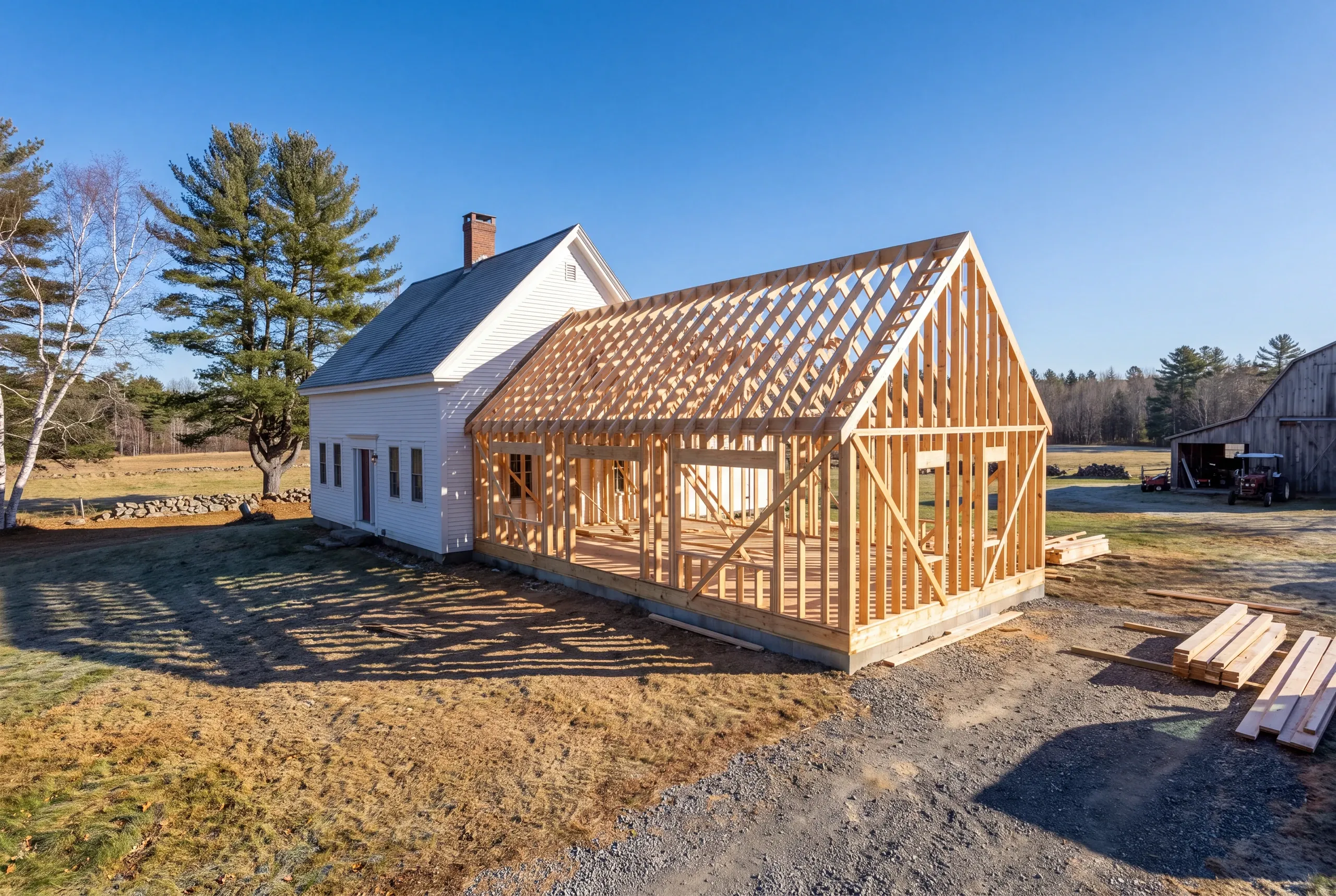 General contractor Clinton, ME crew framing an addition on a working farm property