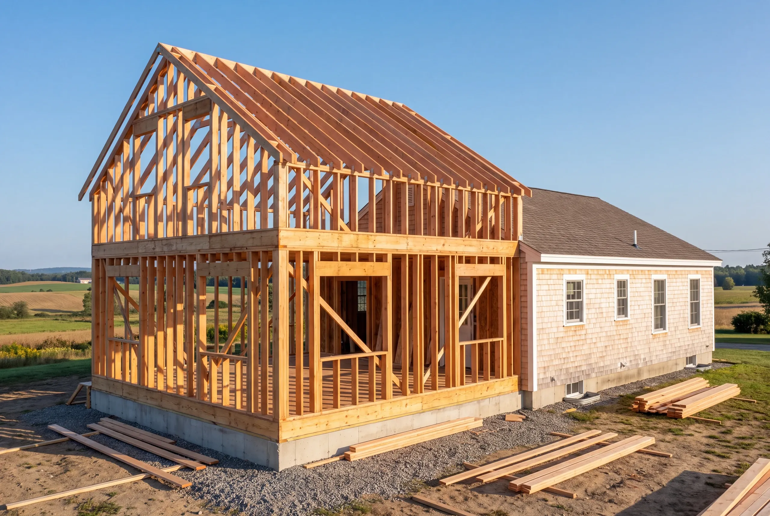 Farm property outbuilding addition framed on a Fairfield parcel toward Clinton