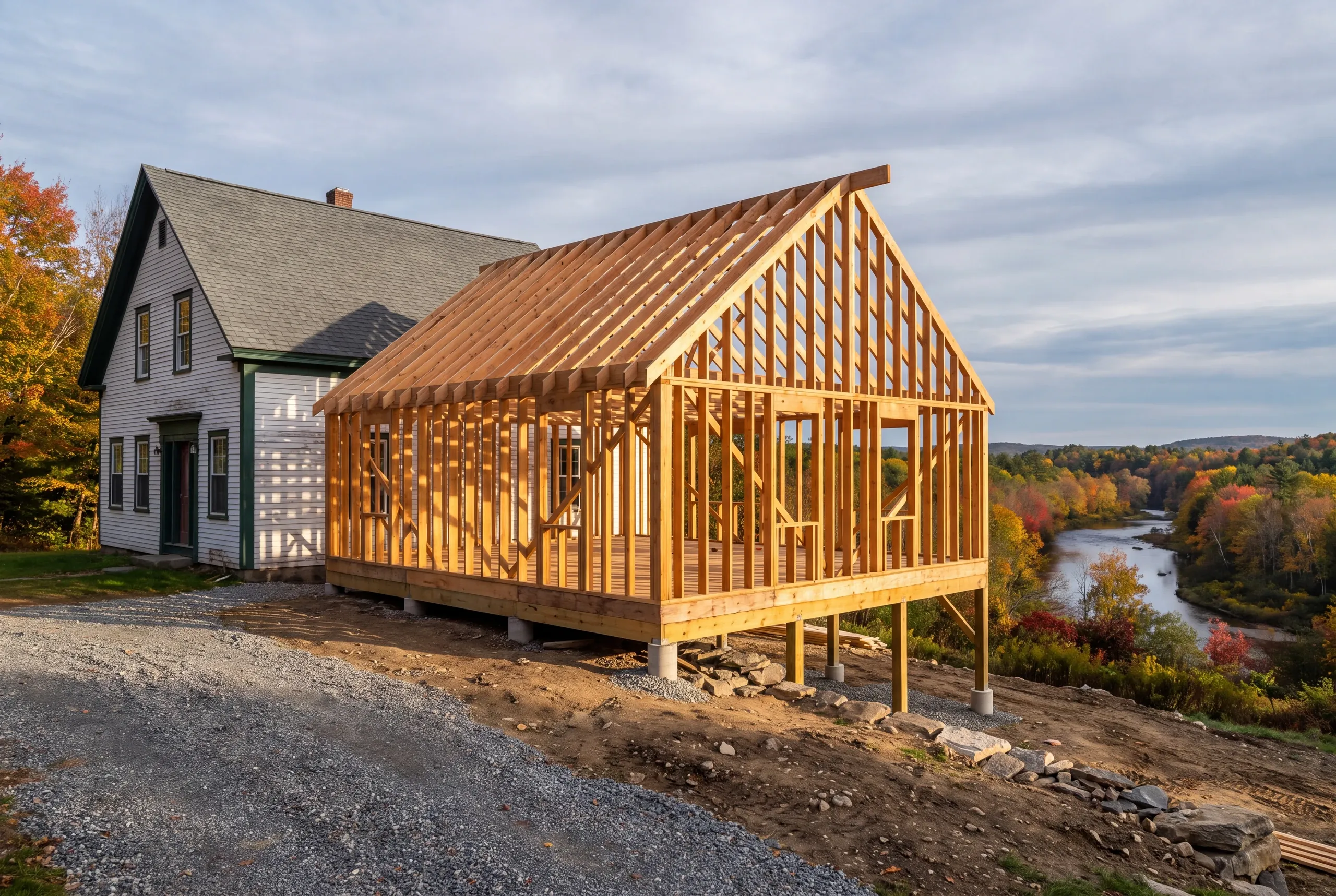 General contractor Farmington, ME crew framing an addition on a hillside lot above the Sandy River