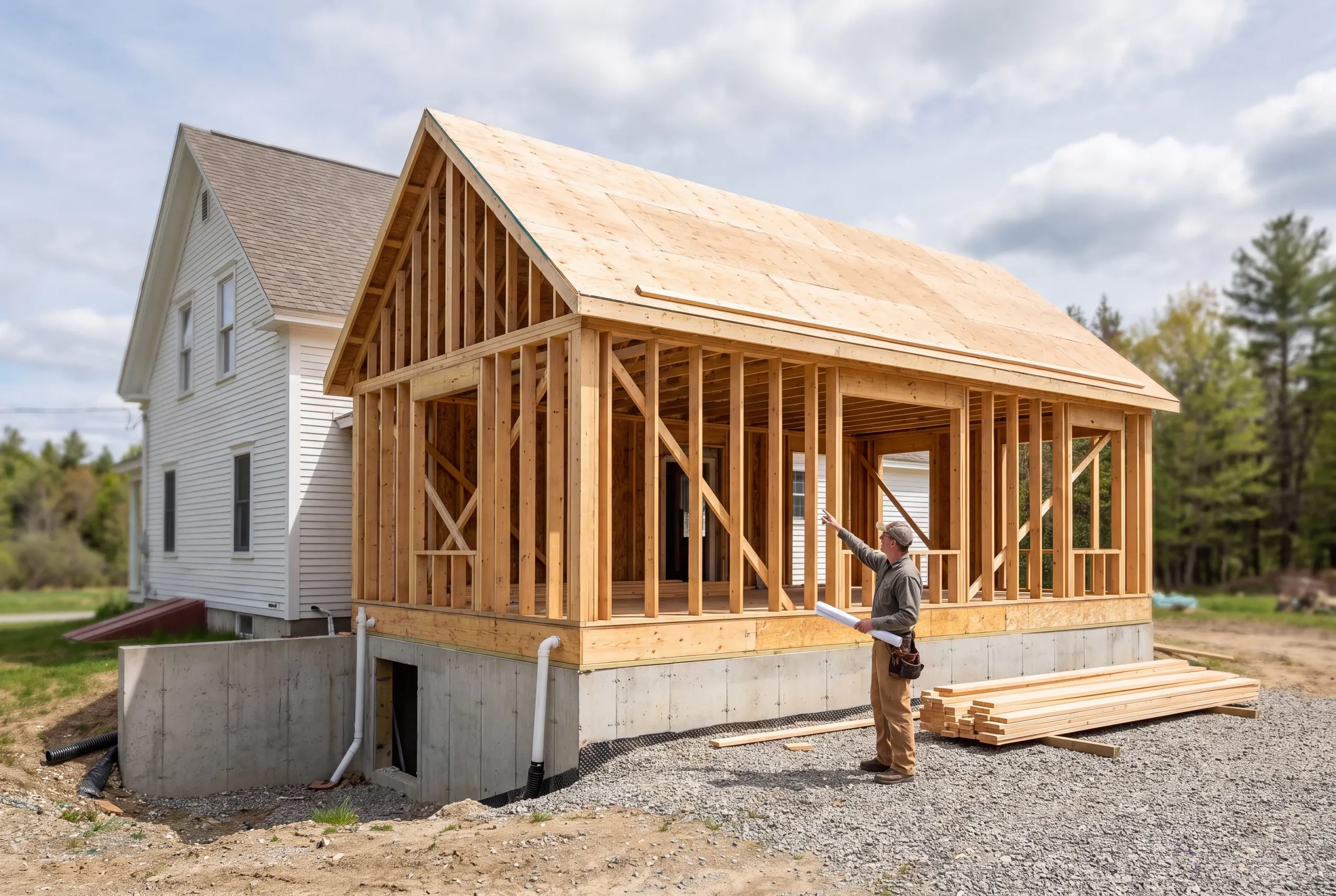 Newman Homes estimator reviewing snow load framing for a Farmington project