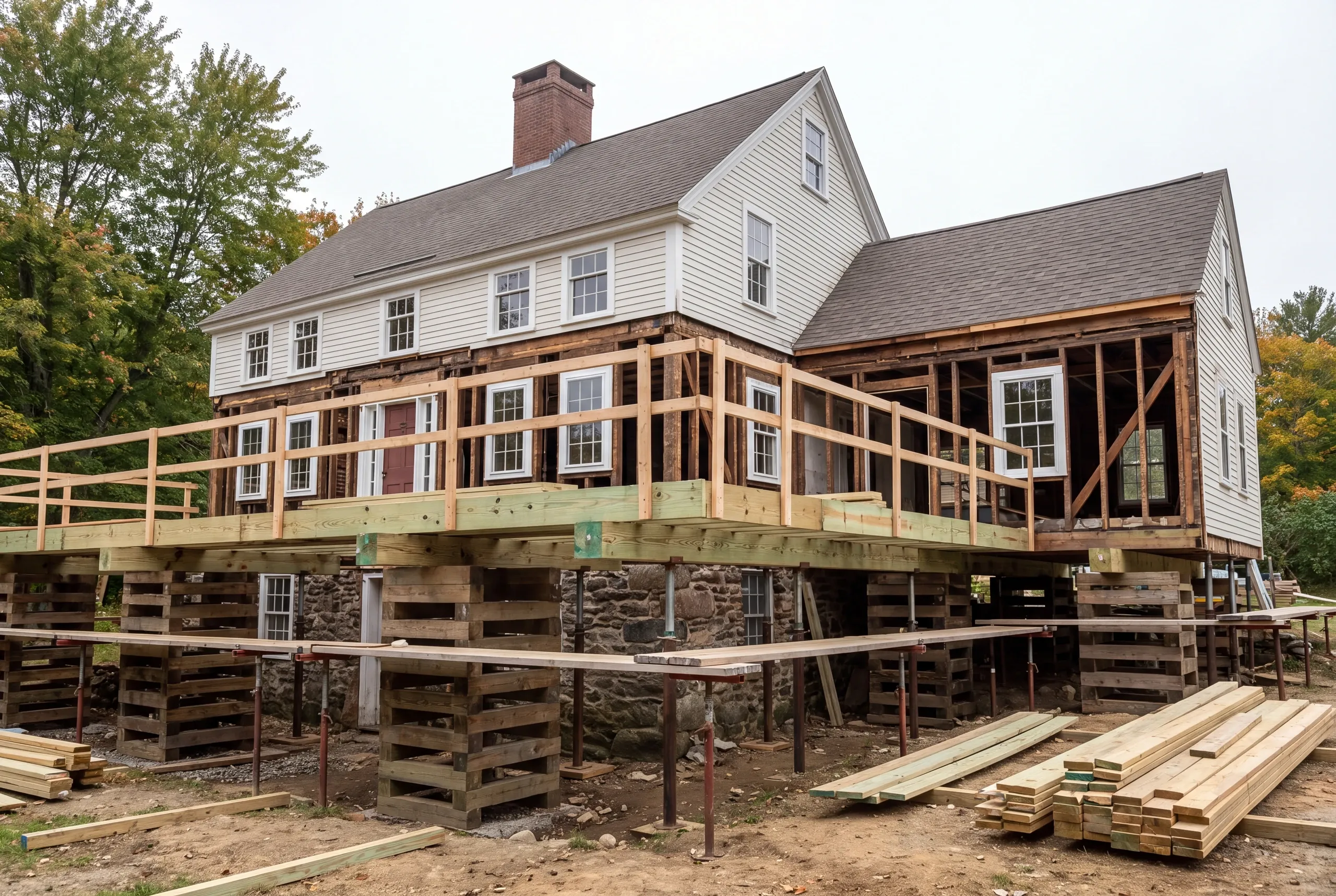 Sill replacement and jacking underway beneath an older Gardiner home