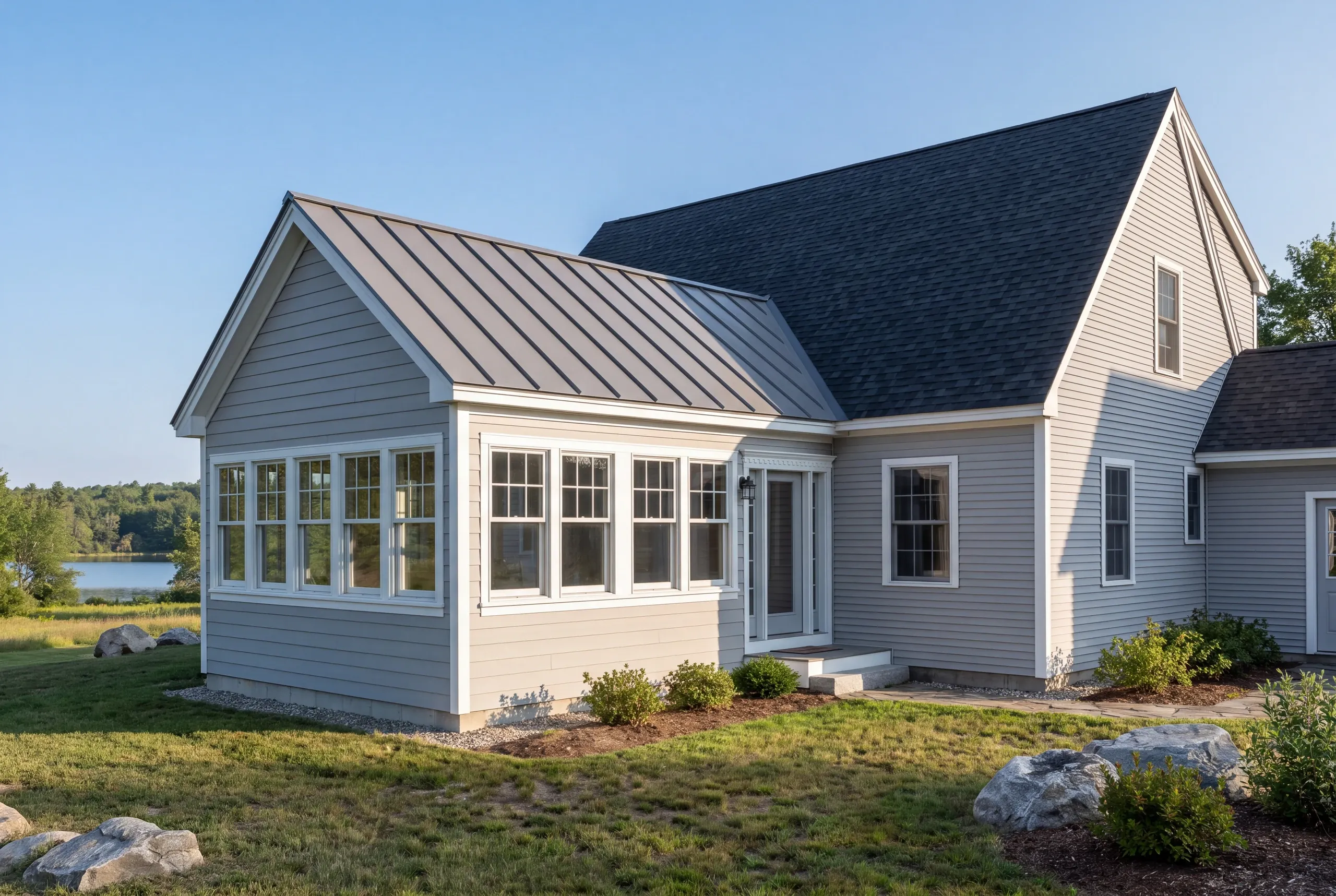 Finished four-season sun room addition facing Allen Pond in Greene