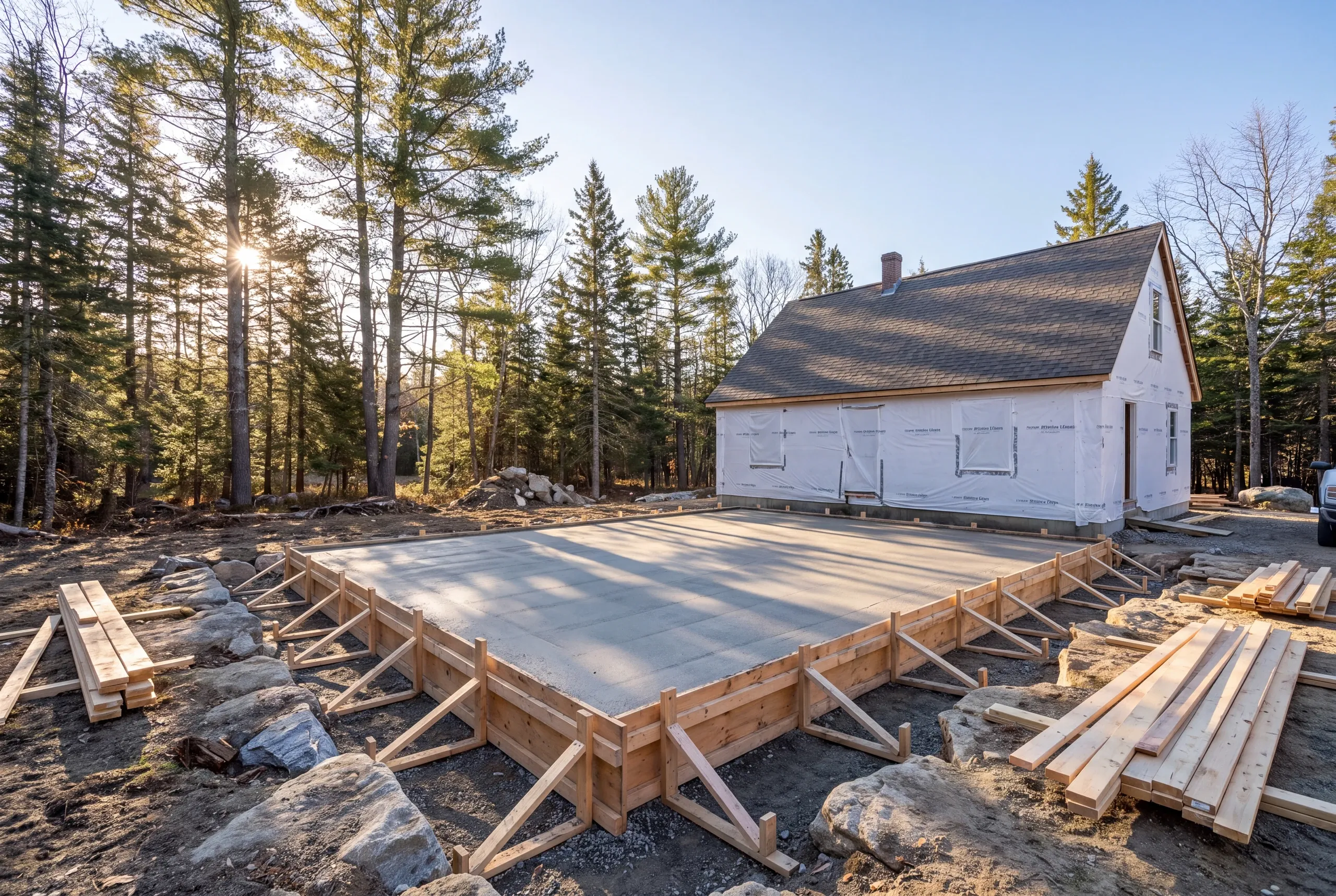 Frost-depth foundation being poured for a Maine home addition