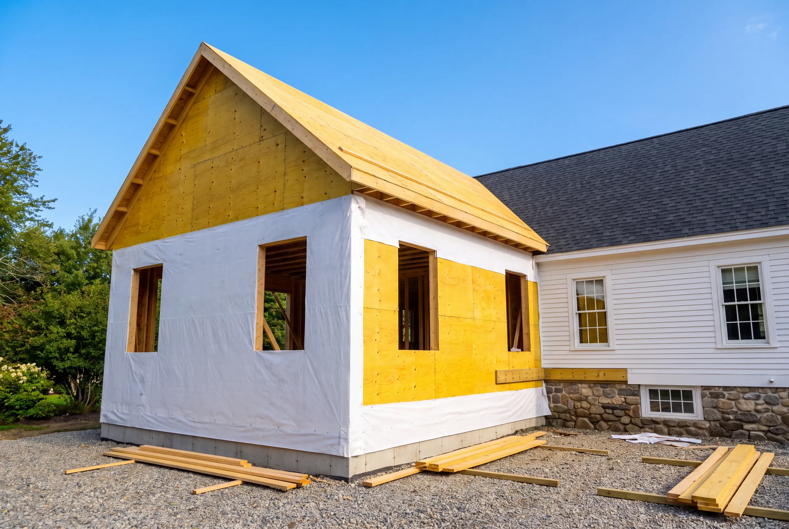 Great room addition framed and sheathed on a Maine house