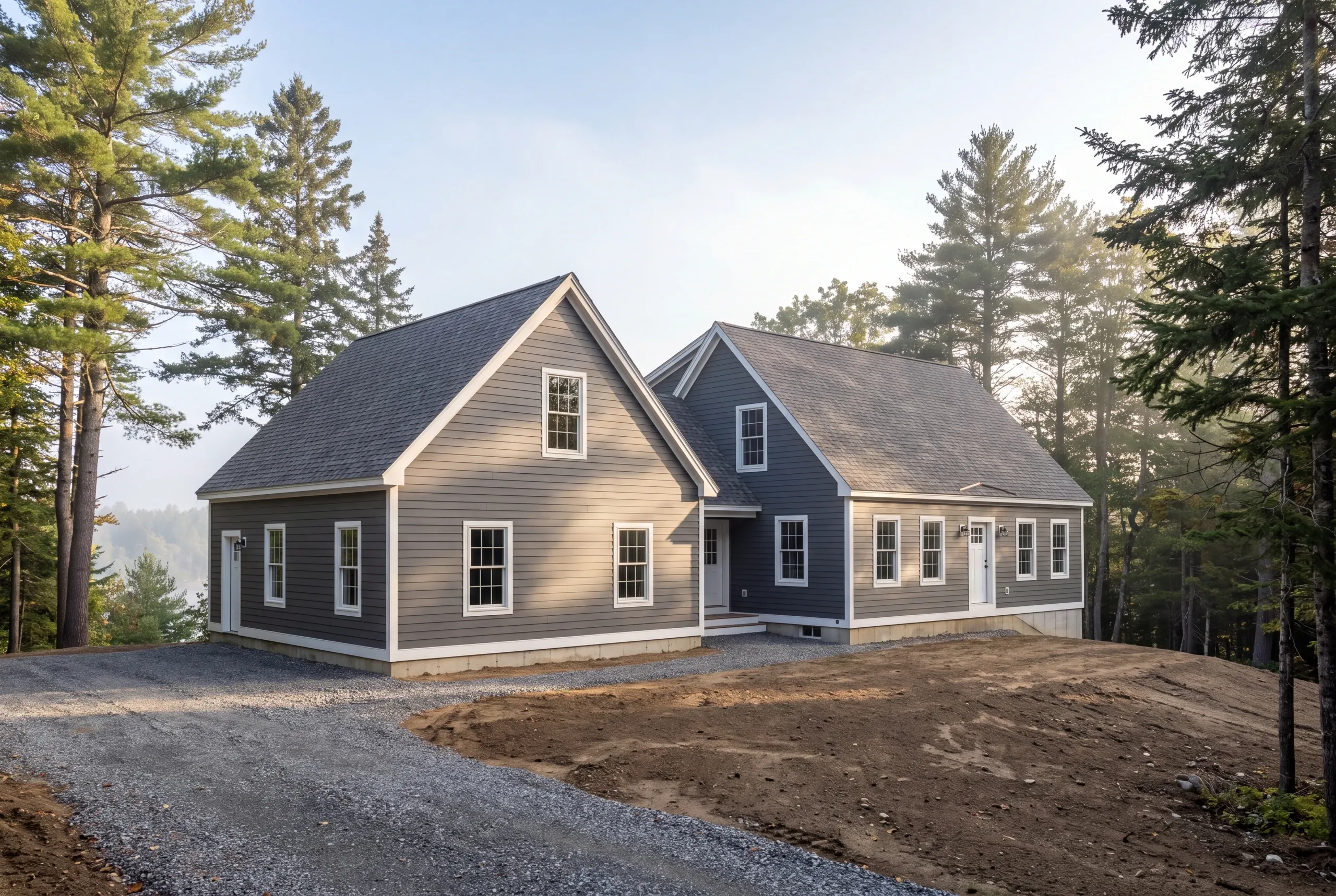 General contractor Mt. Vernon, ME crew building an addition on a wooded hillside lot above Minnehonk Lake