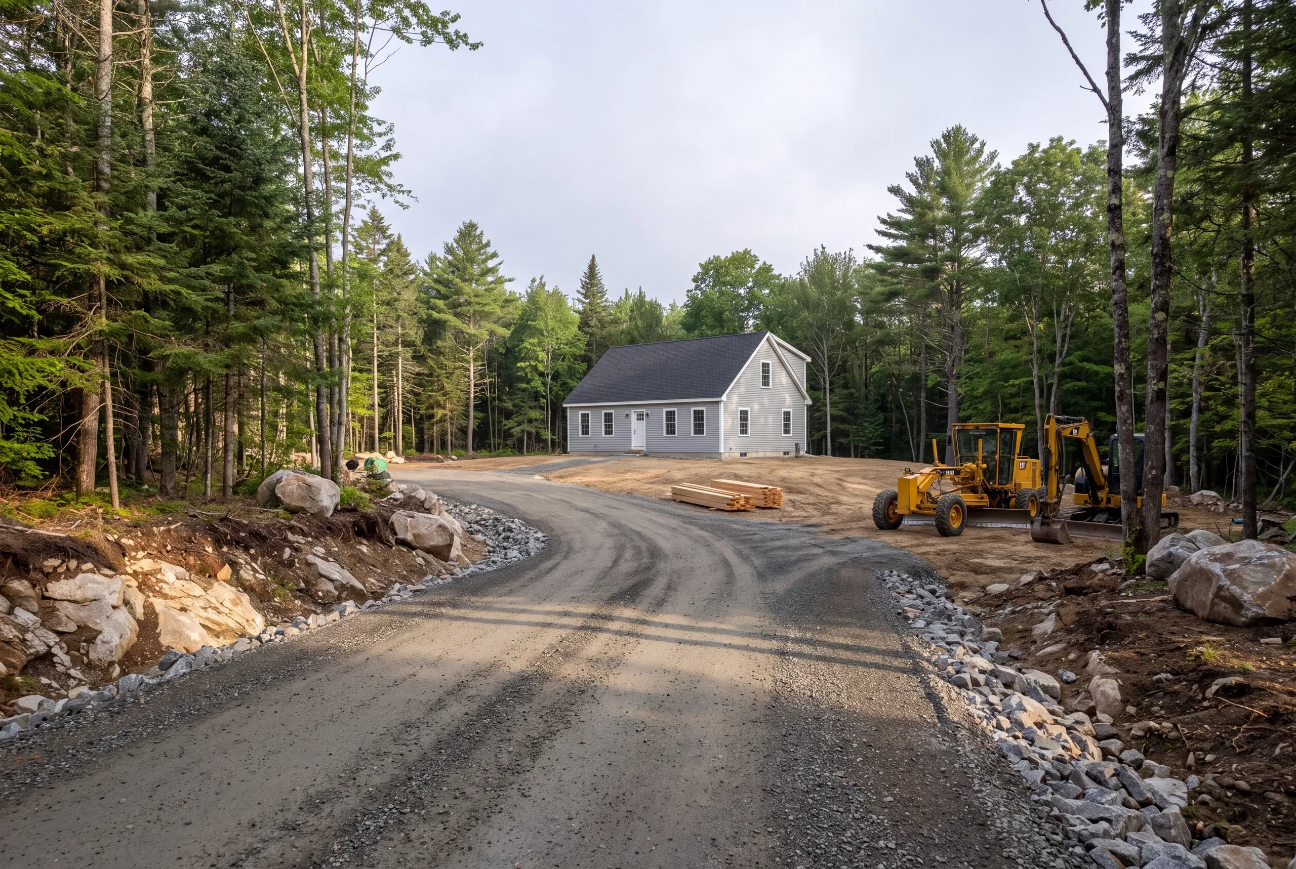 Long private drive regraded for construction access in Mount Vernon