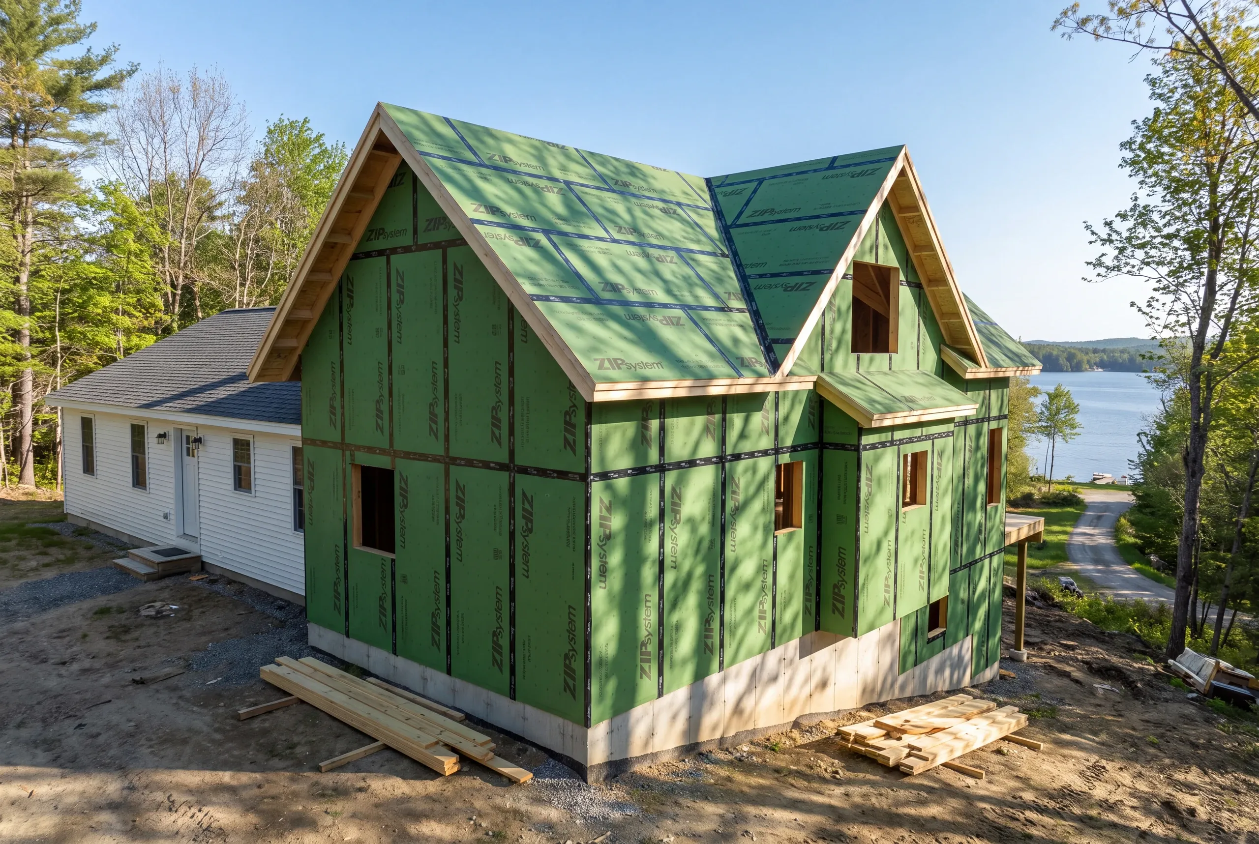 General contractor Oakland, ME crew framing a lakeside addition above Messalonskee Lake