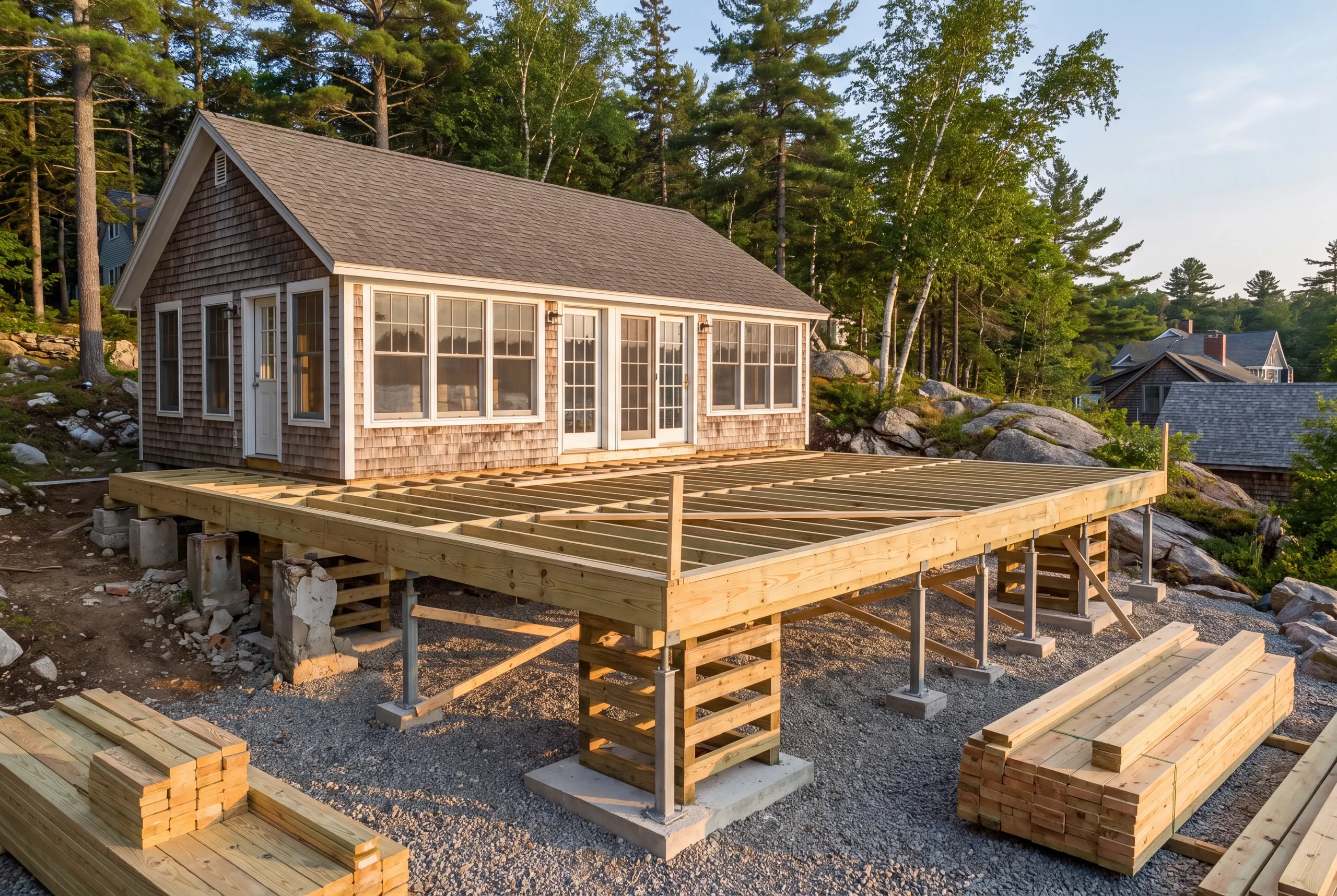 New insulated floor system replacing pier supports under an Oakland lake camp