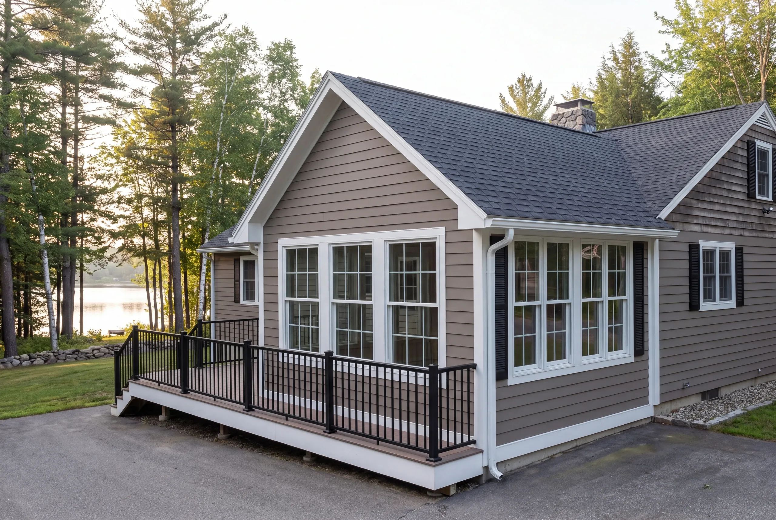 Finished four-season sun room addition overlooking Snow Pond in Oakland