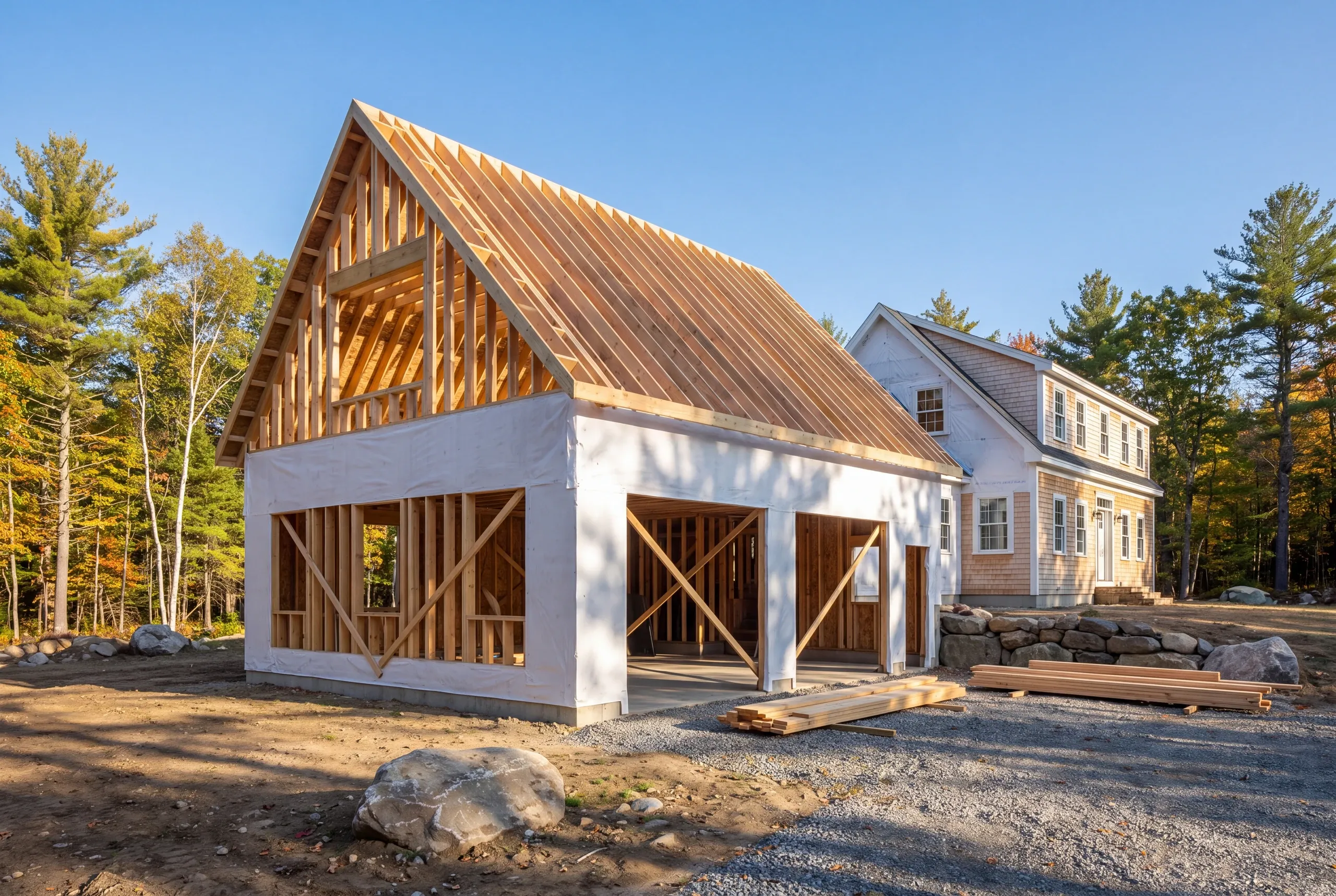 General contractor Palermo, ME crew framing an addition on an open upland parcel