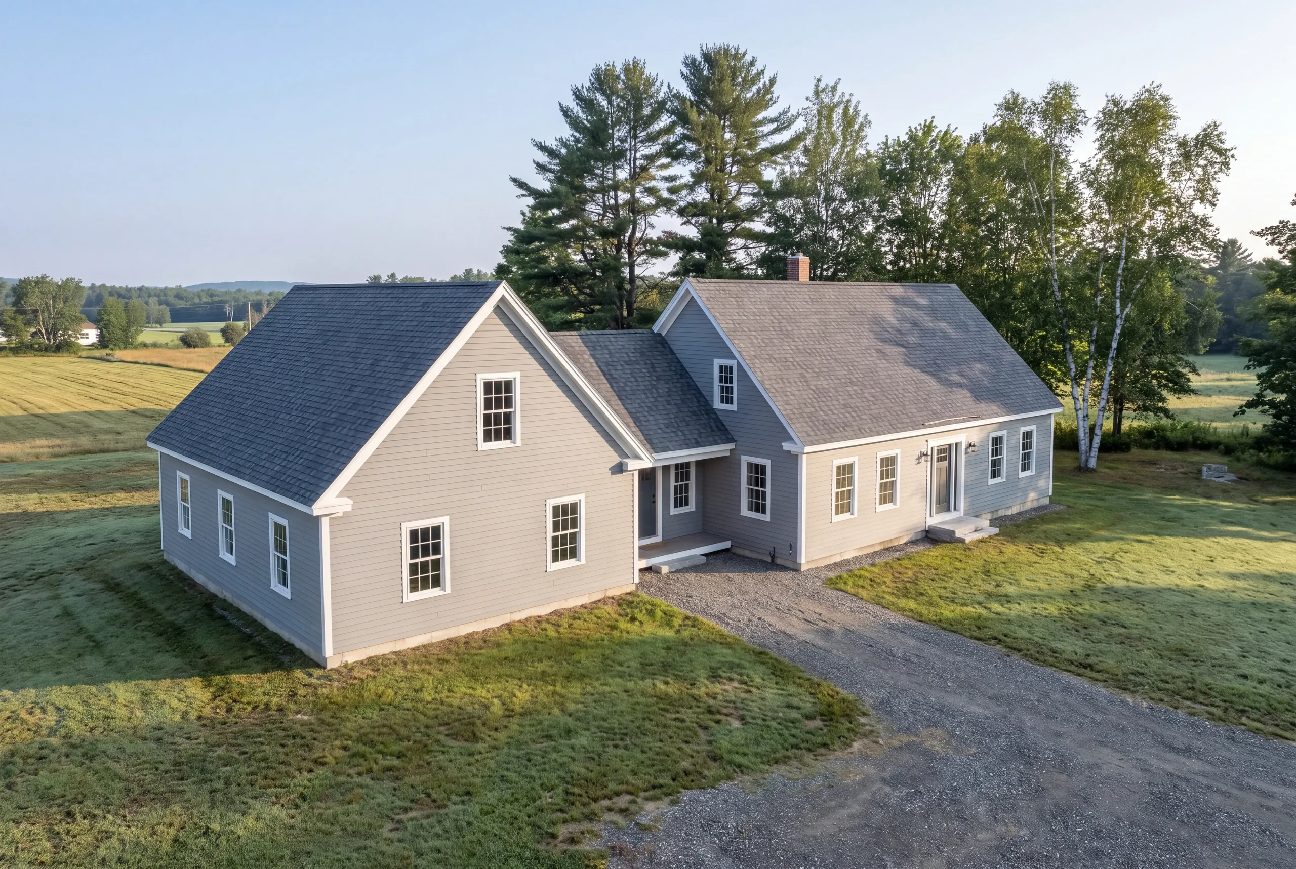 Palermo homestead with a completed great room addition and matching roof pitch
