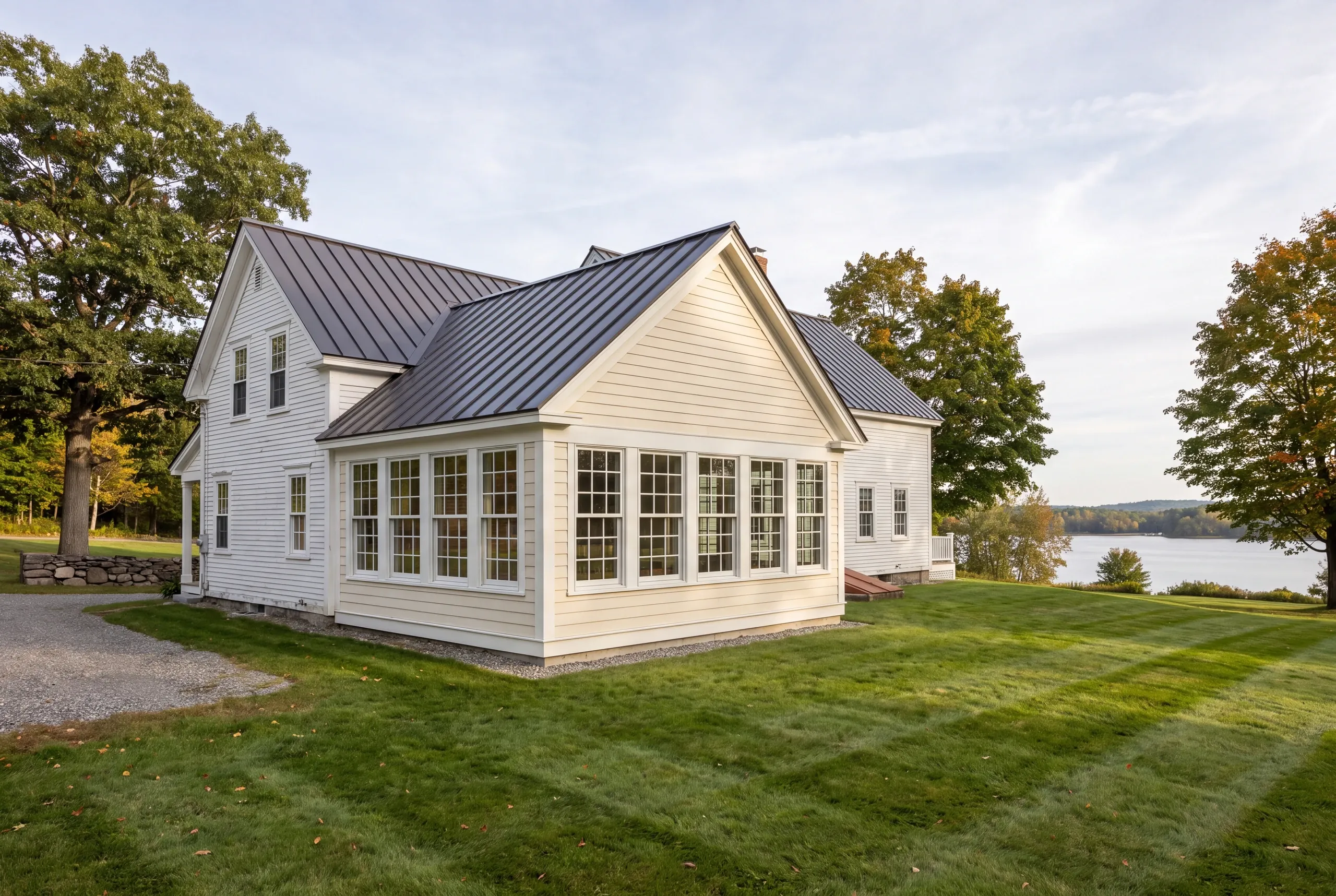 Finished sun room addition facing the Kennebec on a Sidney lot