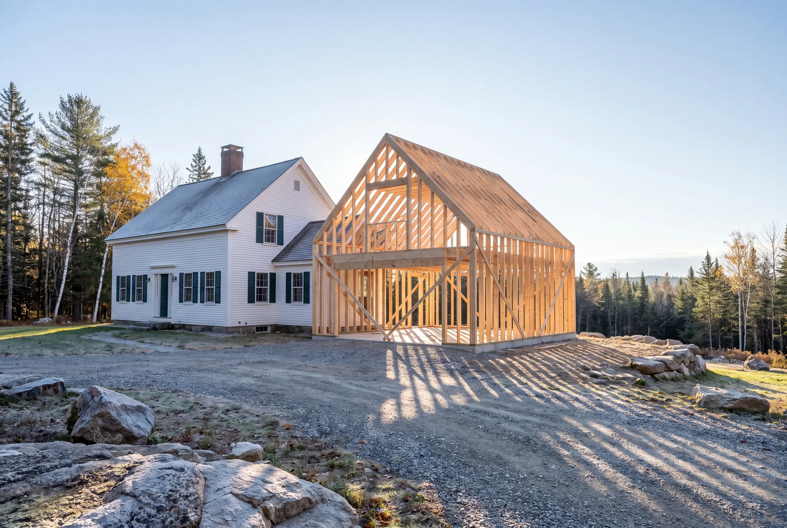 General contractor Vassalboro, ME crew framing an addition at the end of a long rural driveway