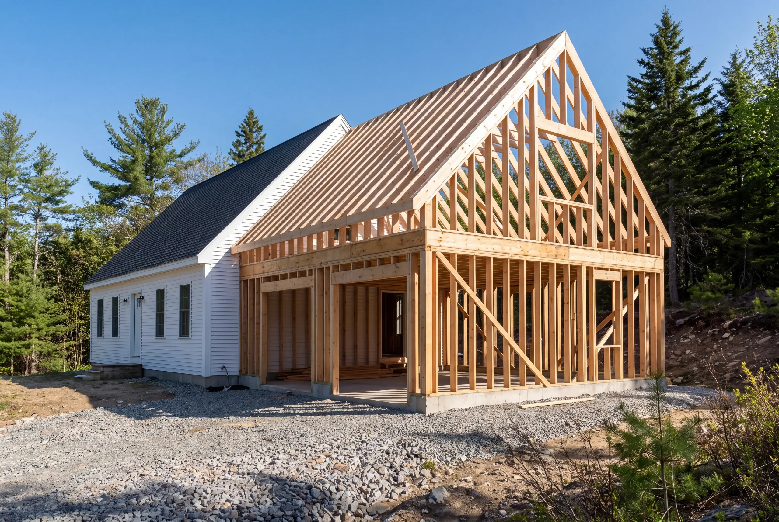 General contractor Vienna, ME crew framing an addition on a wooded hillside parcel