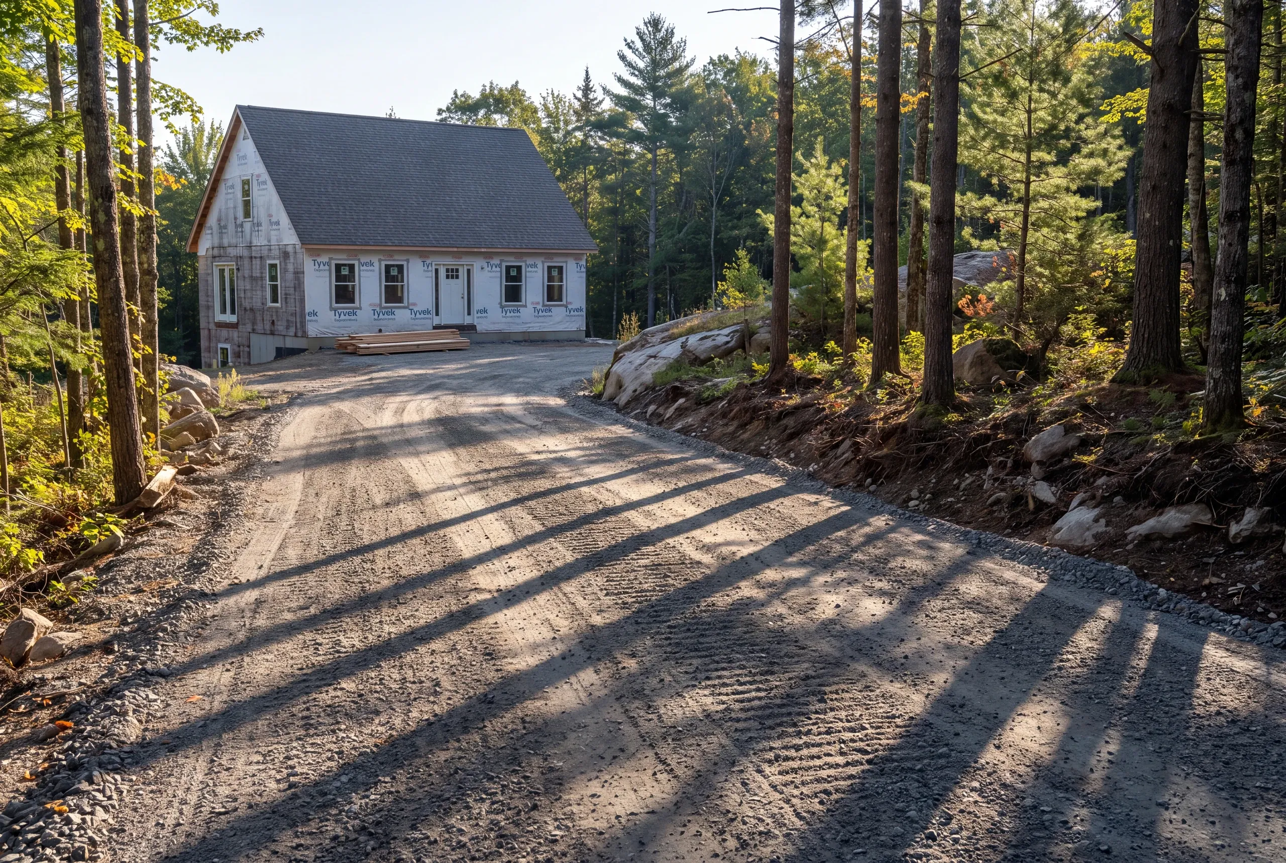 Gravel road being built up for construction delivery access in Vienna Maine