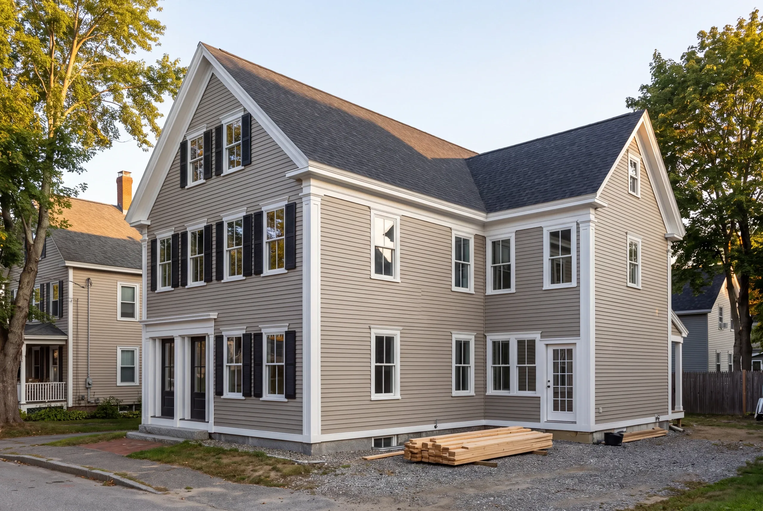 General contractor Waterville, ME crew framing a rear addition behind a Victorian home near Colby College