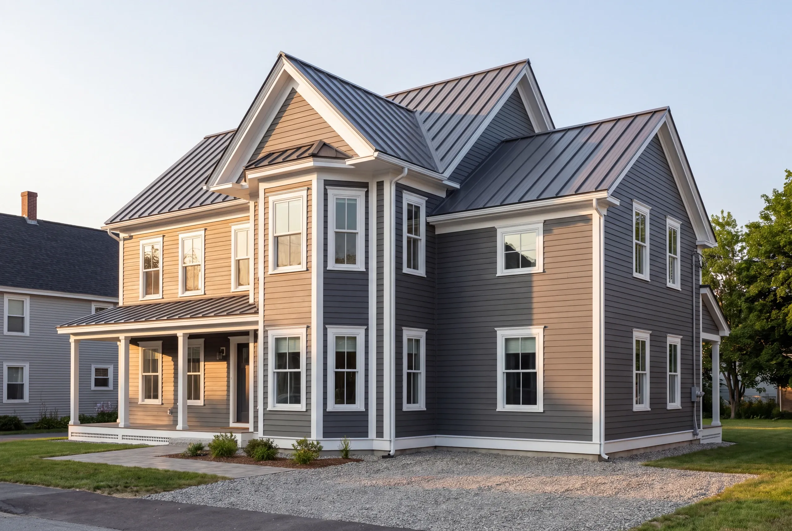 Narrow city lot staged with materials for a Waterville addition, driveway kept clear