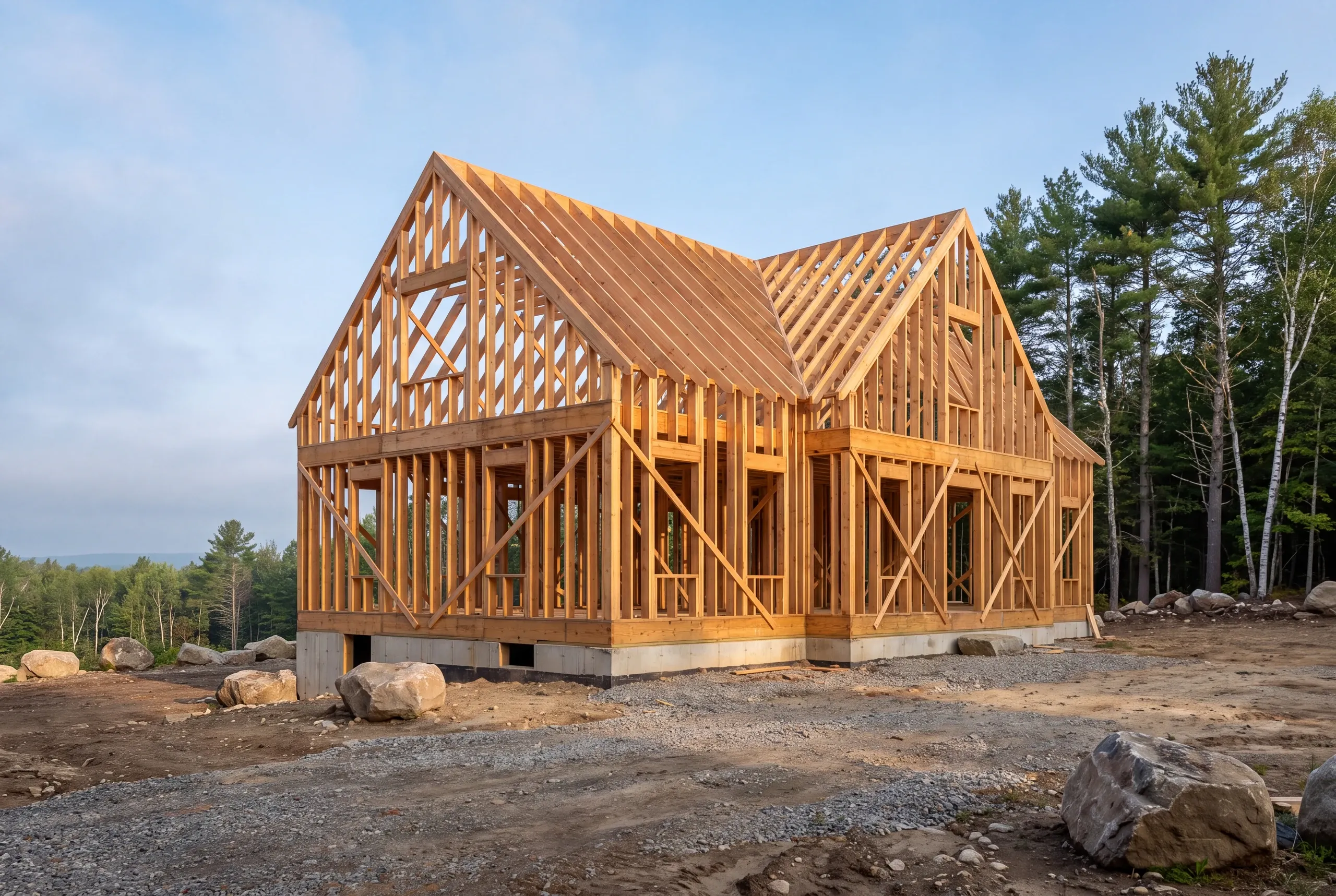 Open farm parcel in Whitefield staged with framing lumber and equipment