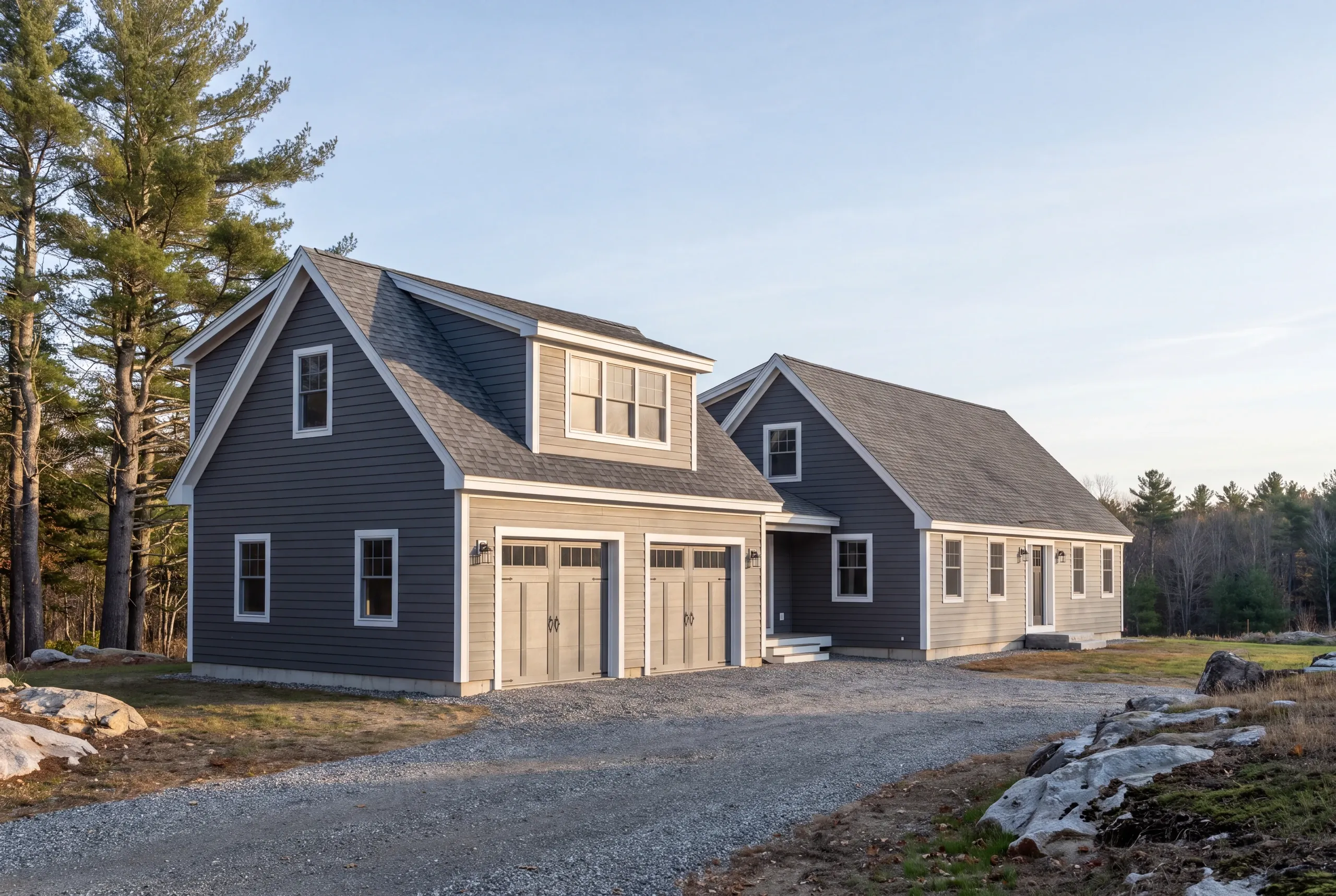 Finished attached garage addition on a rural Windsor lot near the Sheepscot