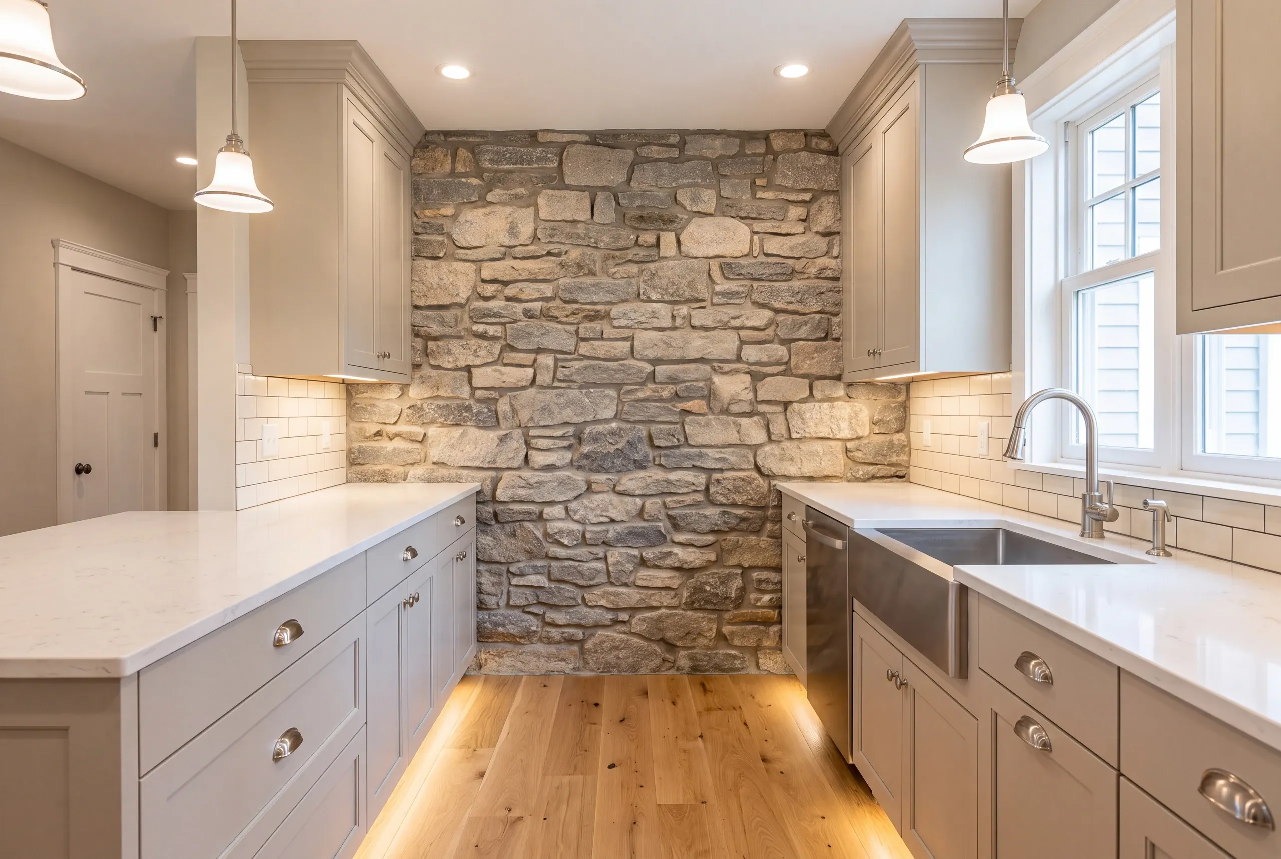 Dry laid rubble foundation exposed beneath an Alna, Maine kitchen