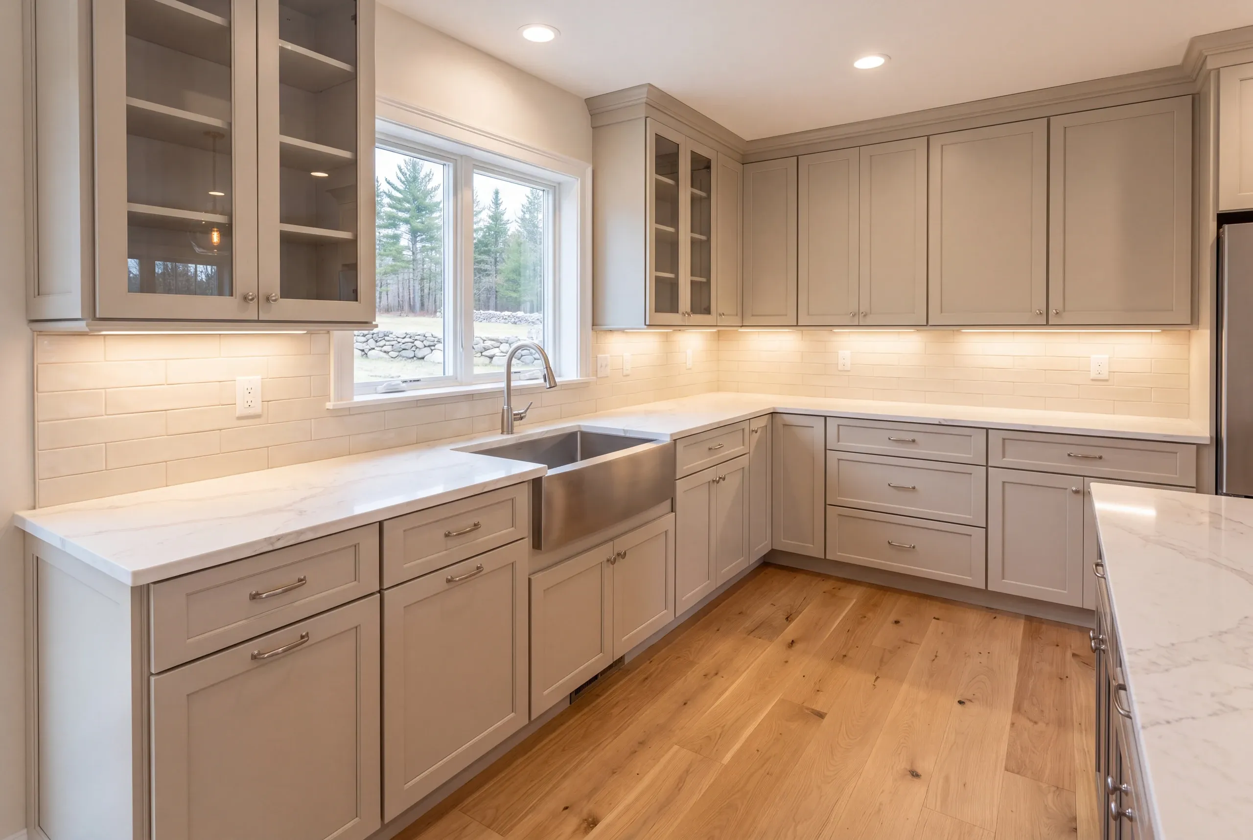 Builder measuring floor fall across an antique kitchen in Alna, Maine