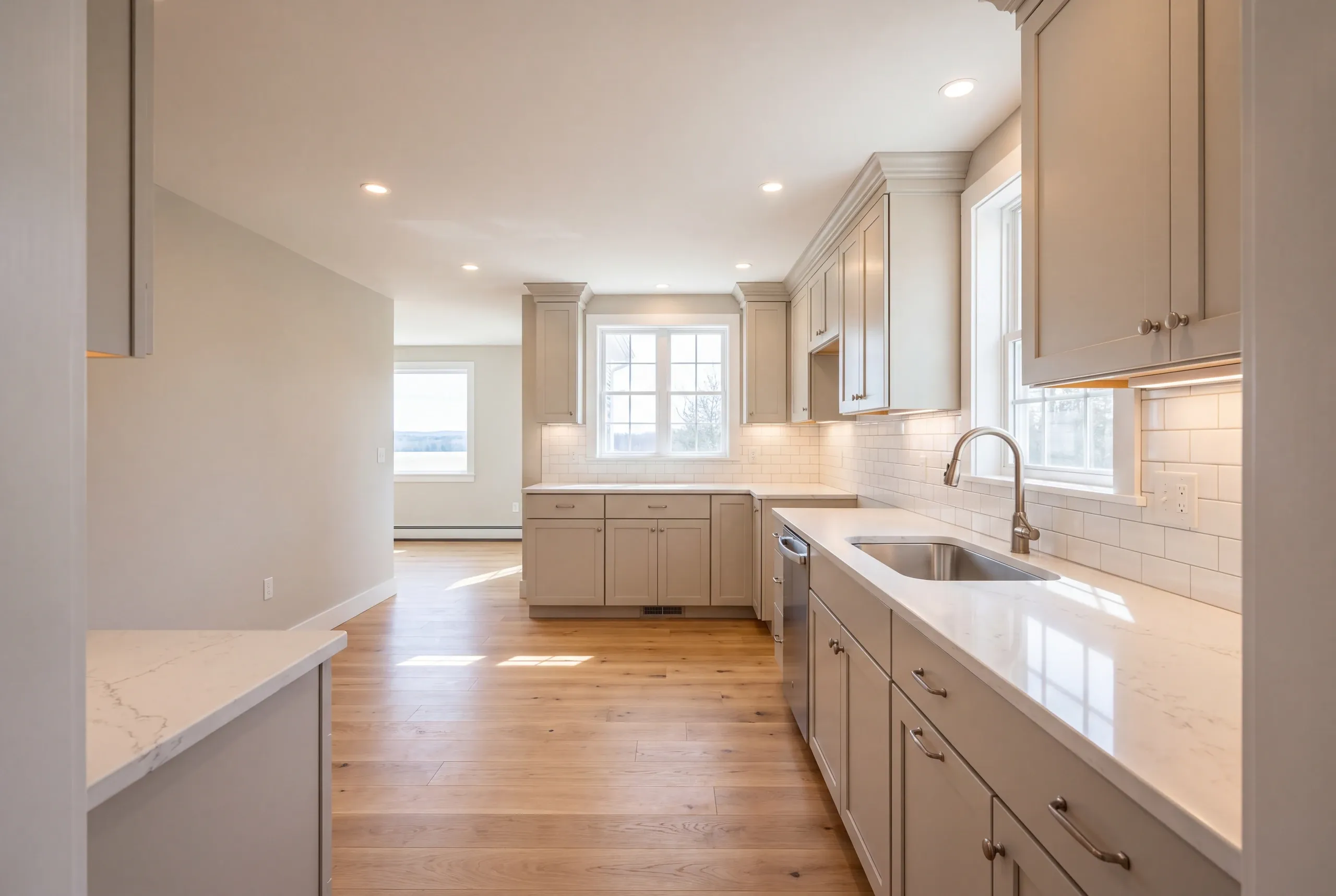 Finished kitchen in an Alna, Maine home, wide interior view