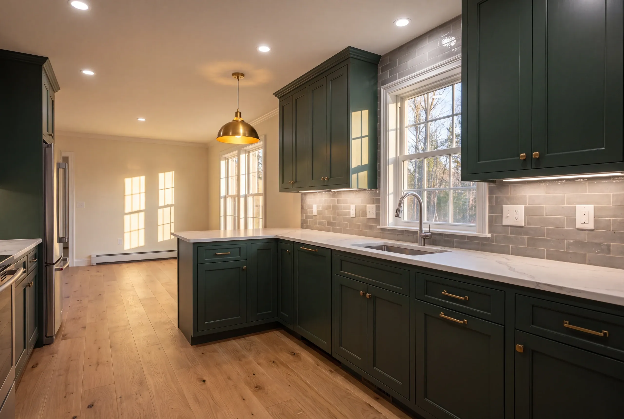 Finished Auburn kitchen seen from the adjoining dining area