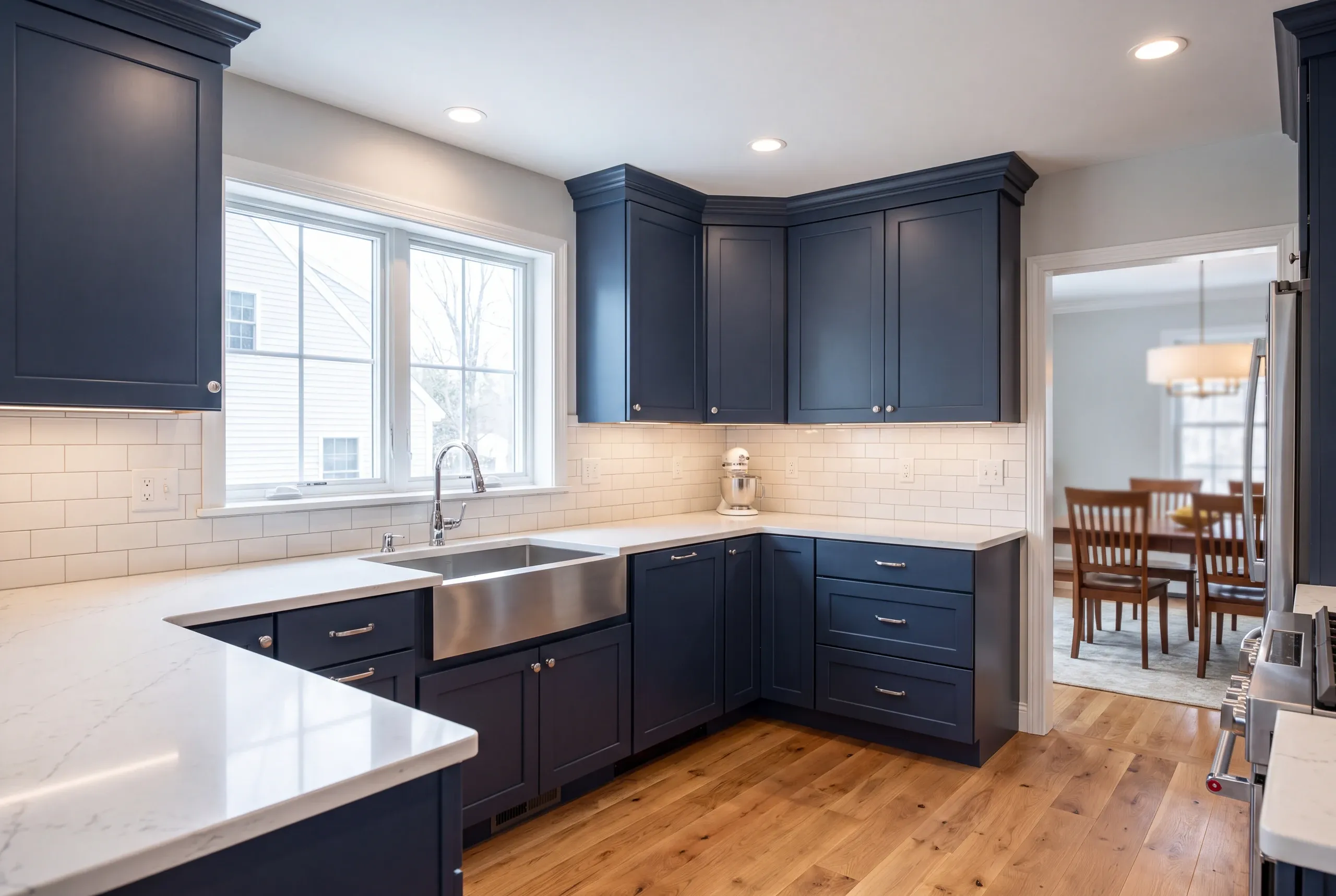 Kitchen remodeling Augusta, ME crew setting semi-custom cabinets in a capital-city home