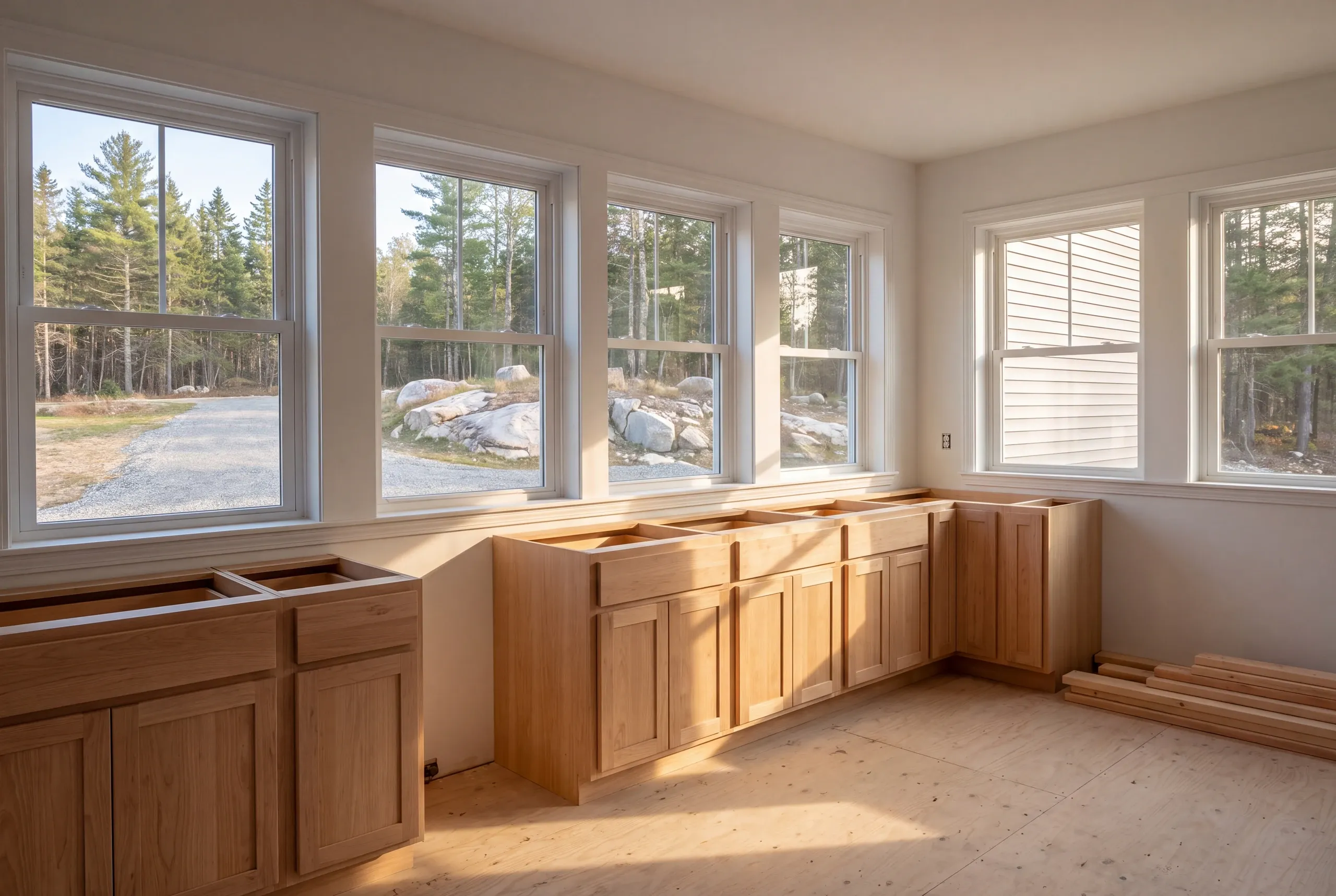 Quartz counter template being taken over new base cabinets in Augusta