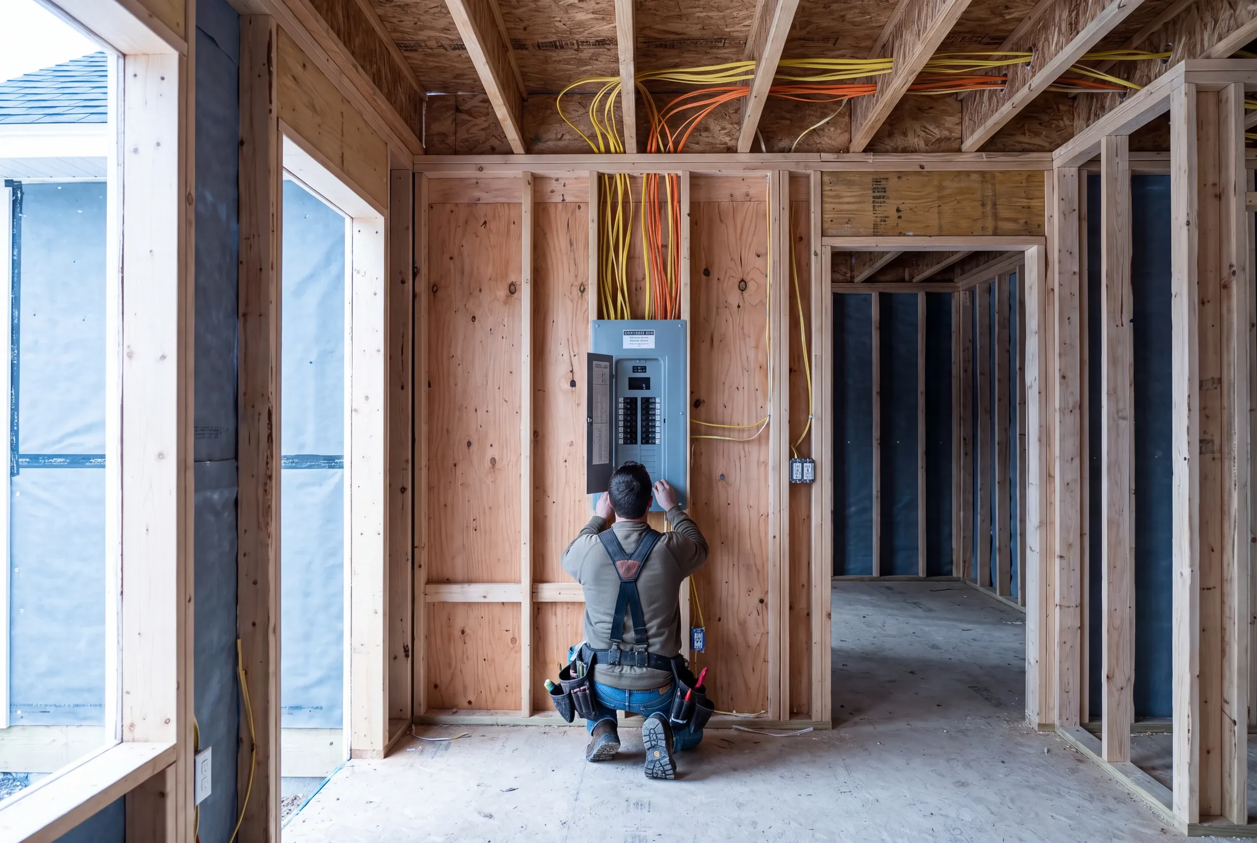 Electrician running dedicated kitchen circuits to a new panel in an Augusta home