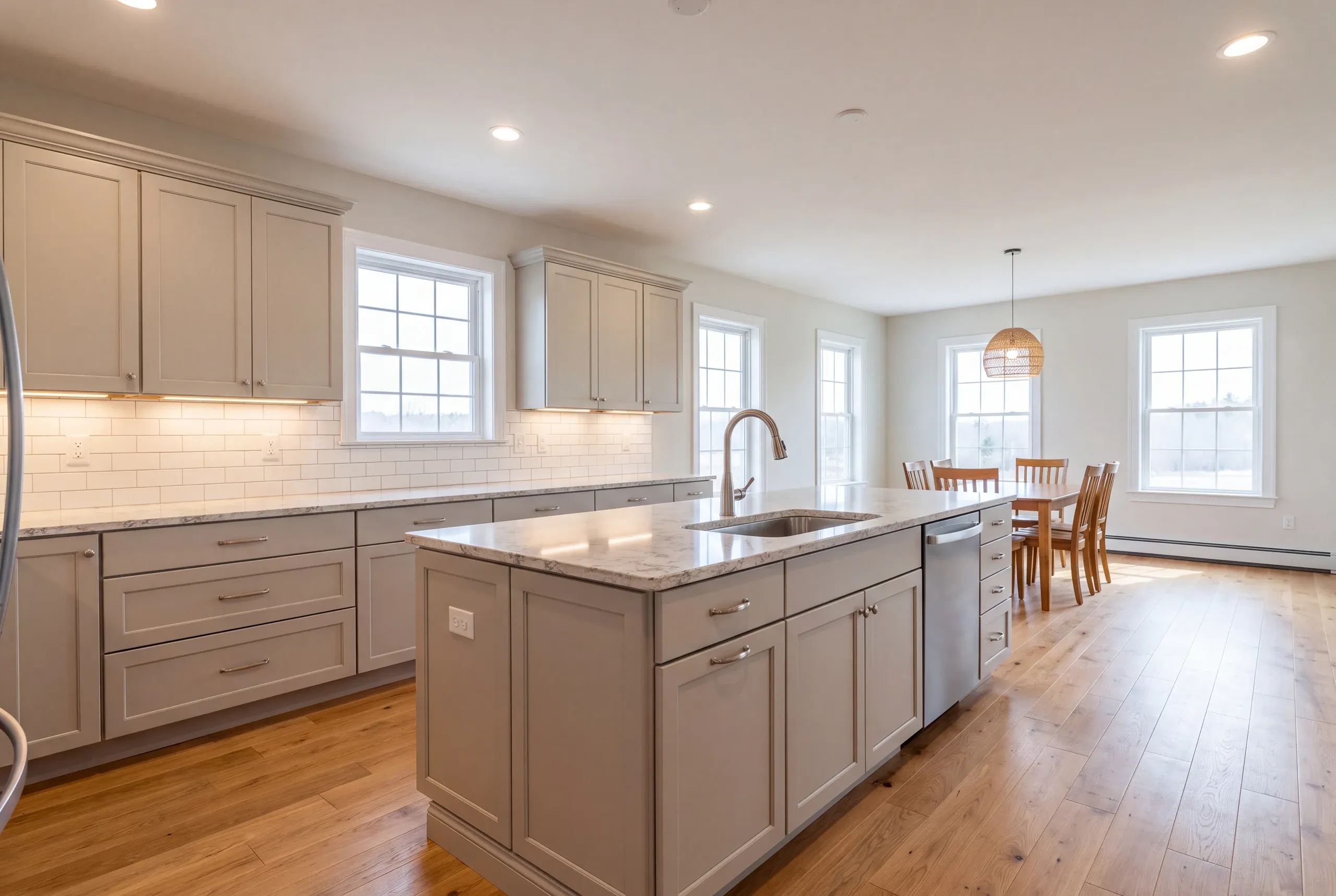 Finished open kitchen and dining room in an Augusta, Maine house