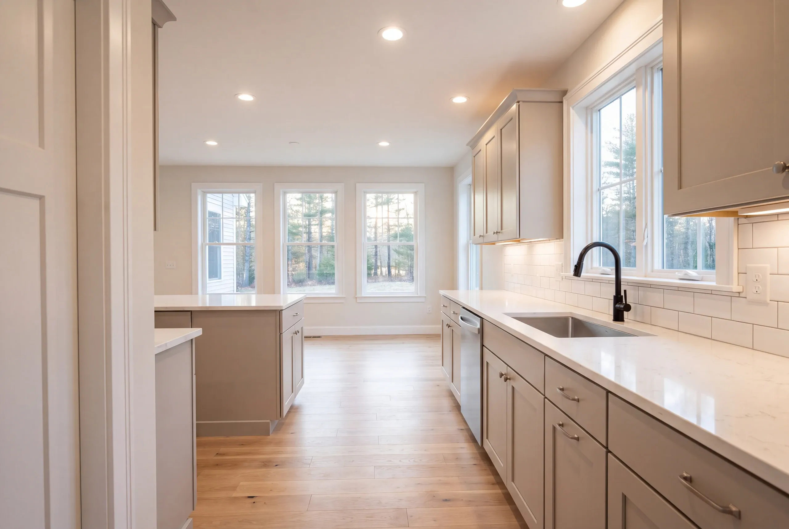 Finished Augusta kitchen seen from the adjoining dining area
