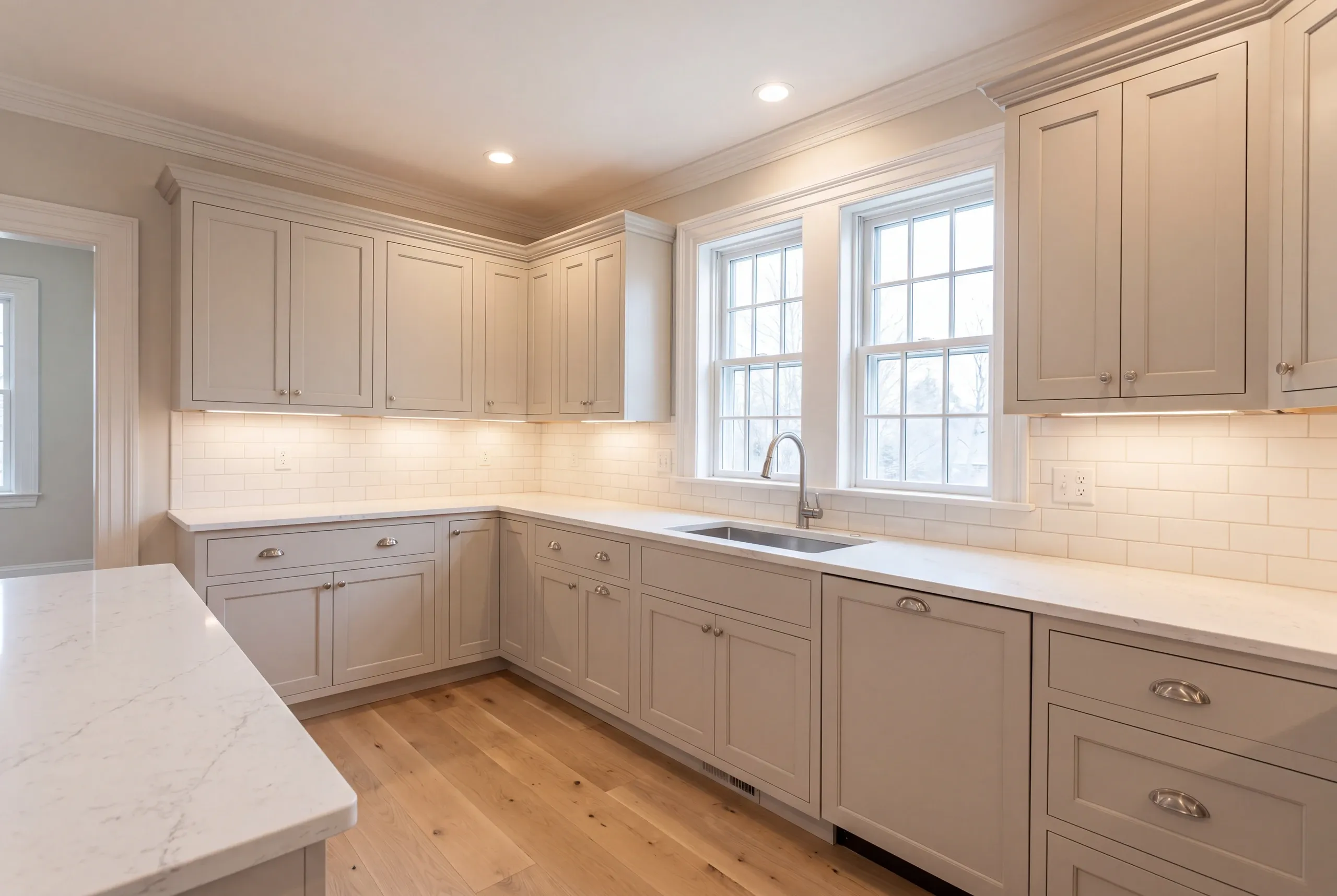 Finished Brunswick kitchen seen from the adjoining dining area