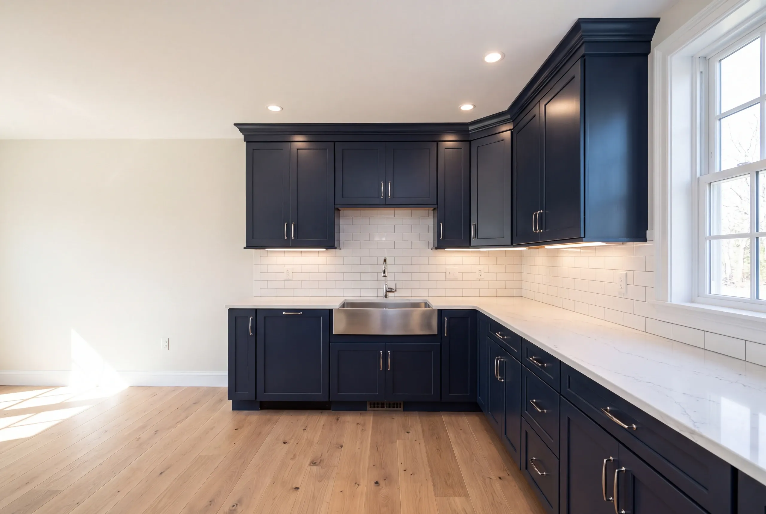 Finished kitchen in a Brunswick, Maine home, wide interior view