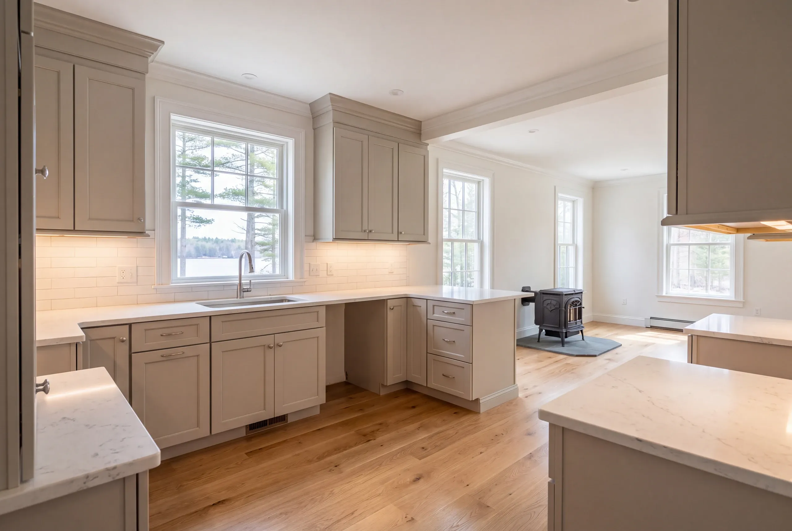 Painted semi-custom cabinets installed in a China Village farmhouse kitchen