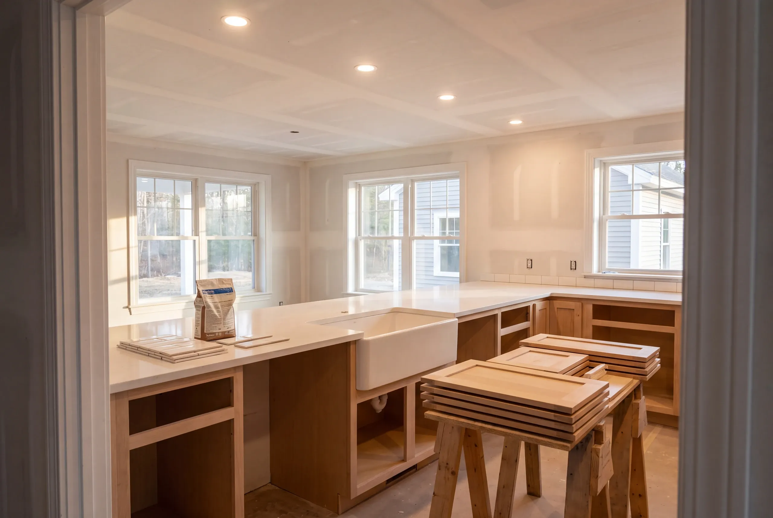 Deep farmhouse sink set into a new counter in China, Maine