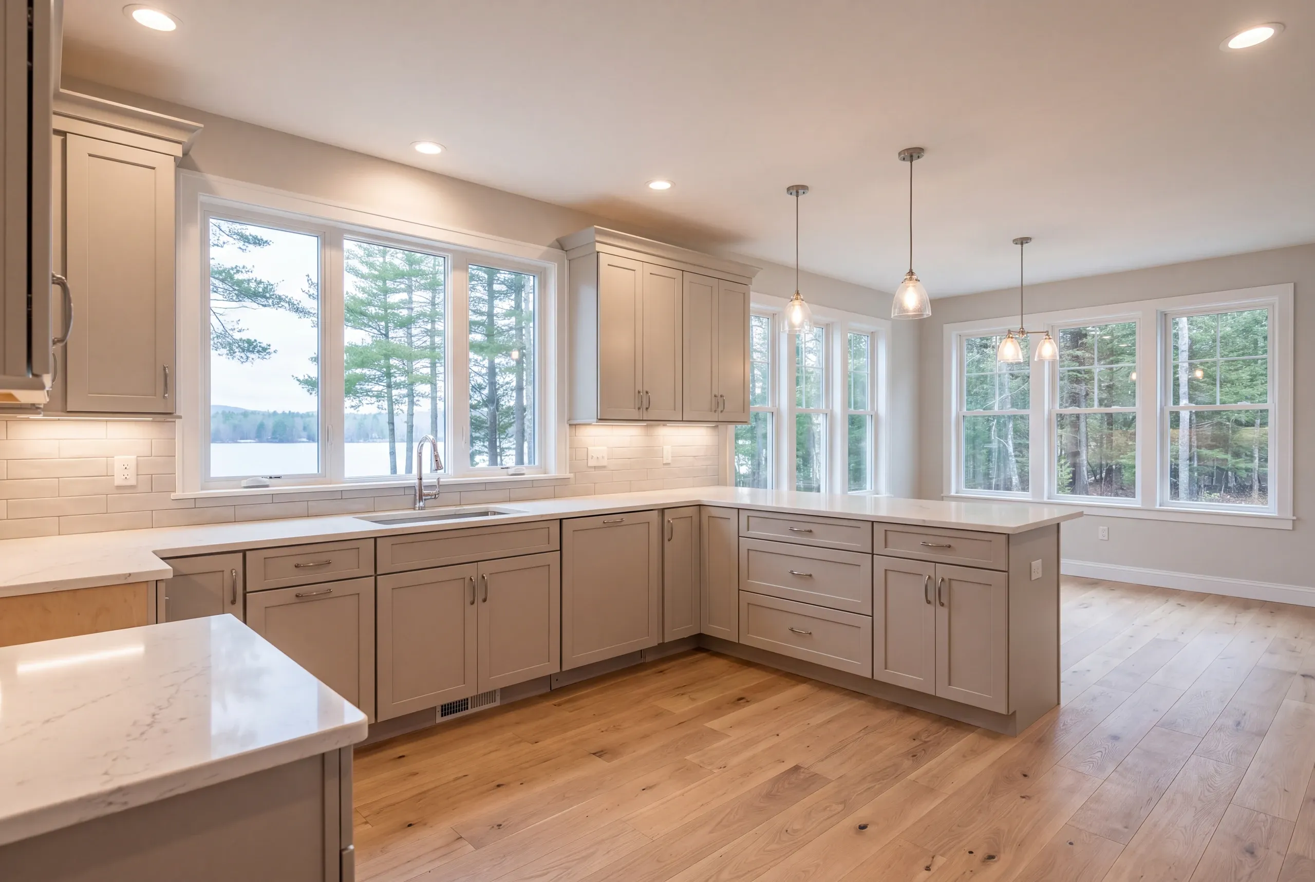Finished lakeside kitchen with water views in China, Maine