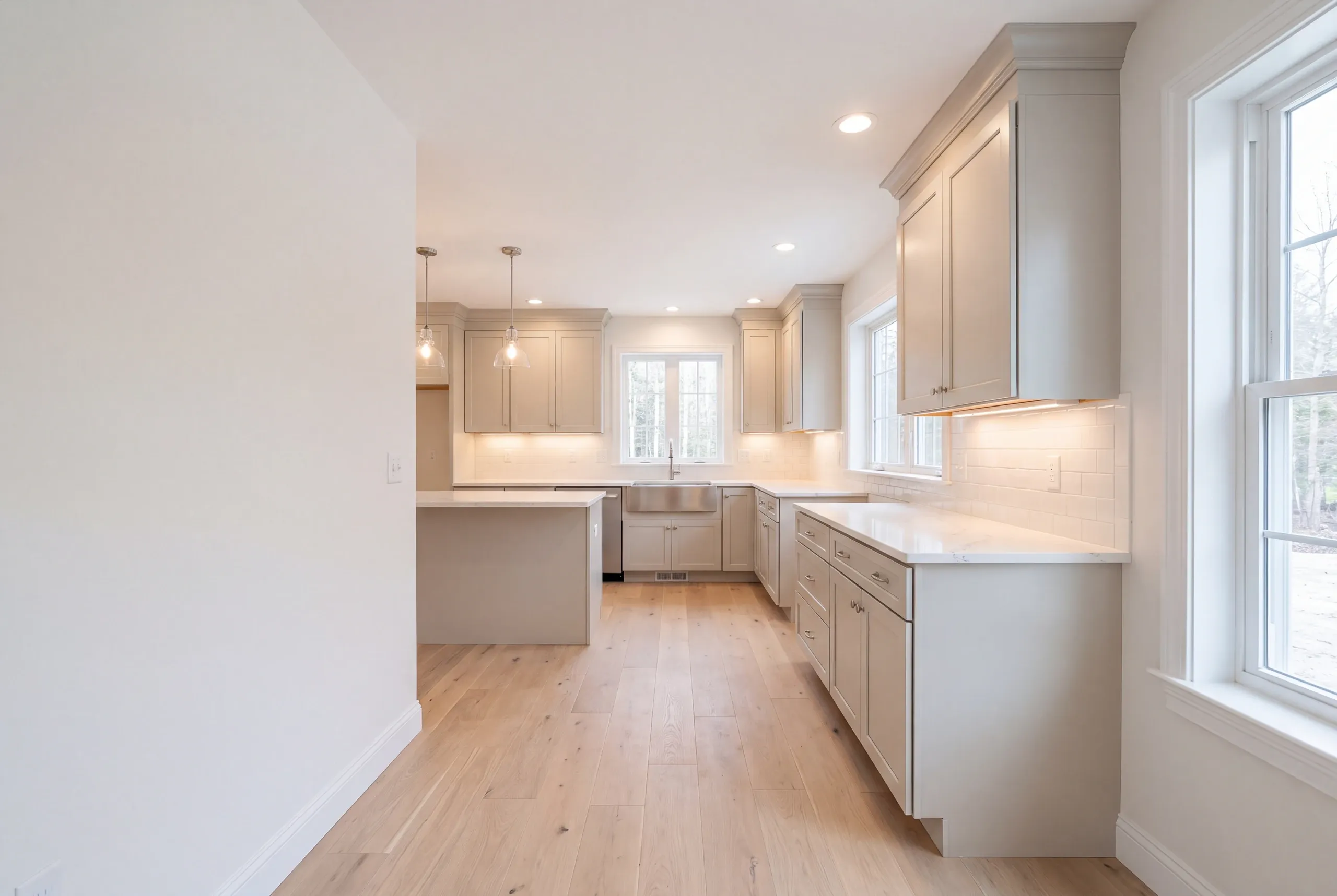 Finished kitchen in a China, Maine home, wide interior view