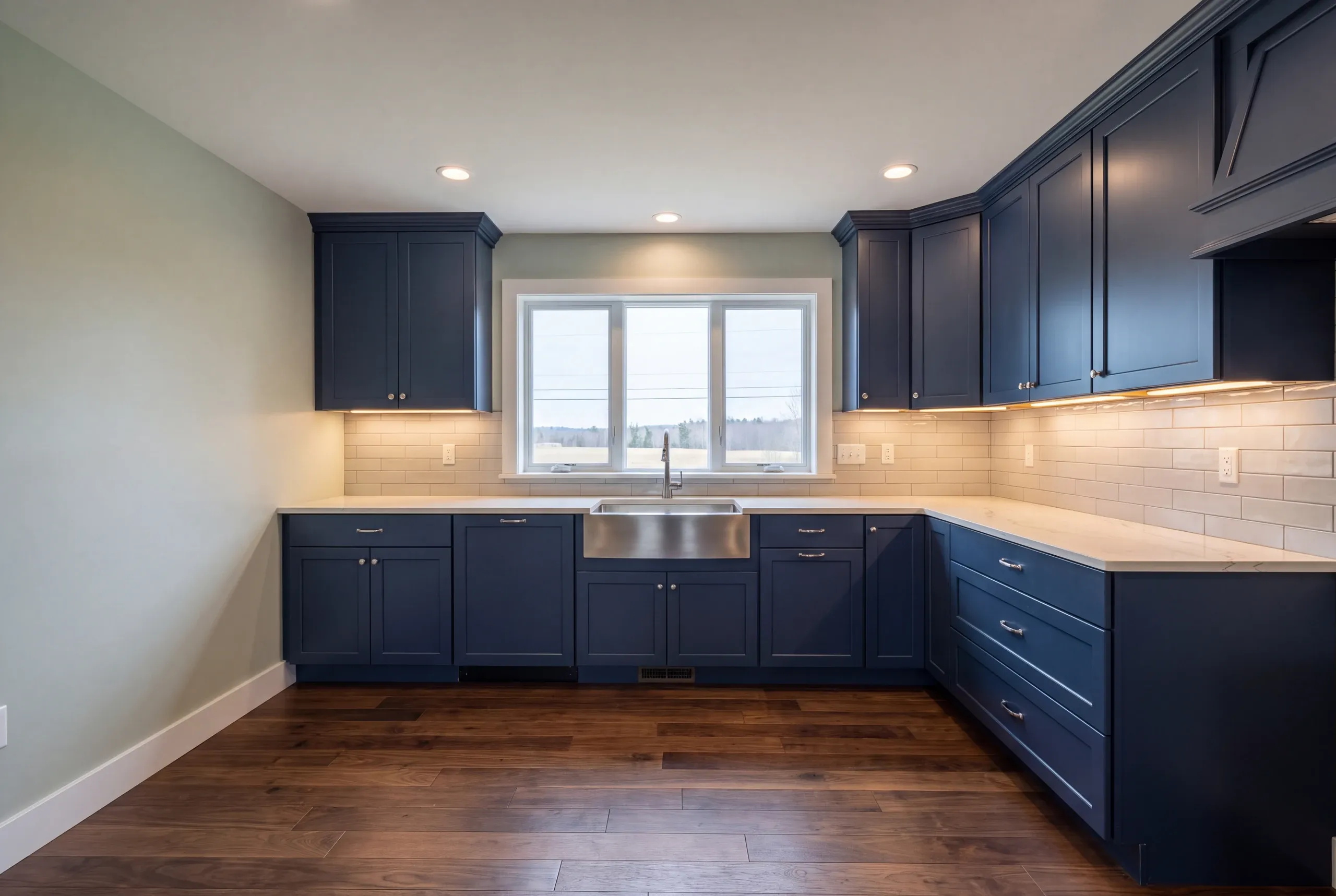 Finished kitchen in a Clinton, Maine home, wide interior view