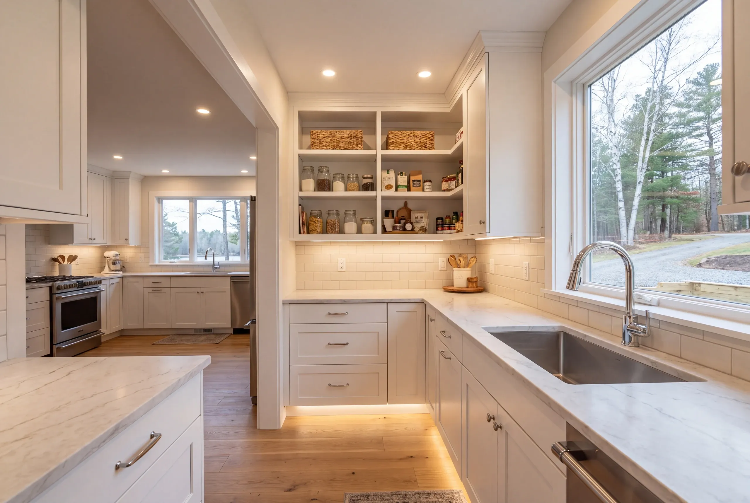 Walk in pantry framed off a Fairfield farmhouse kitchen