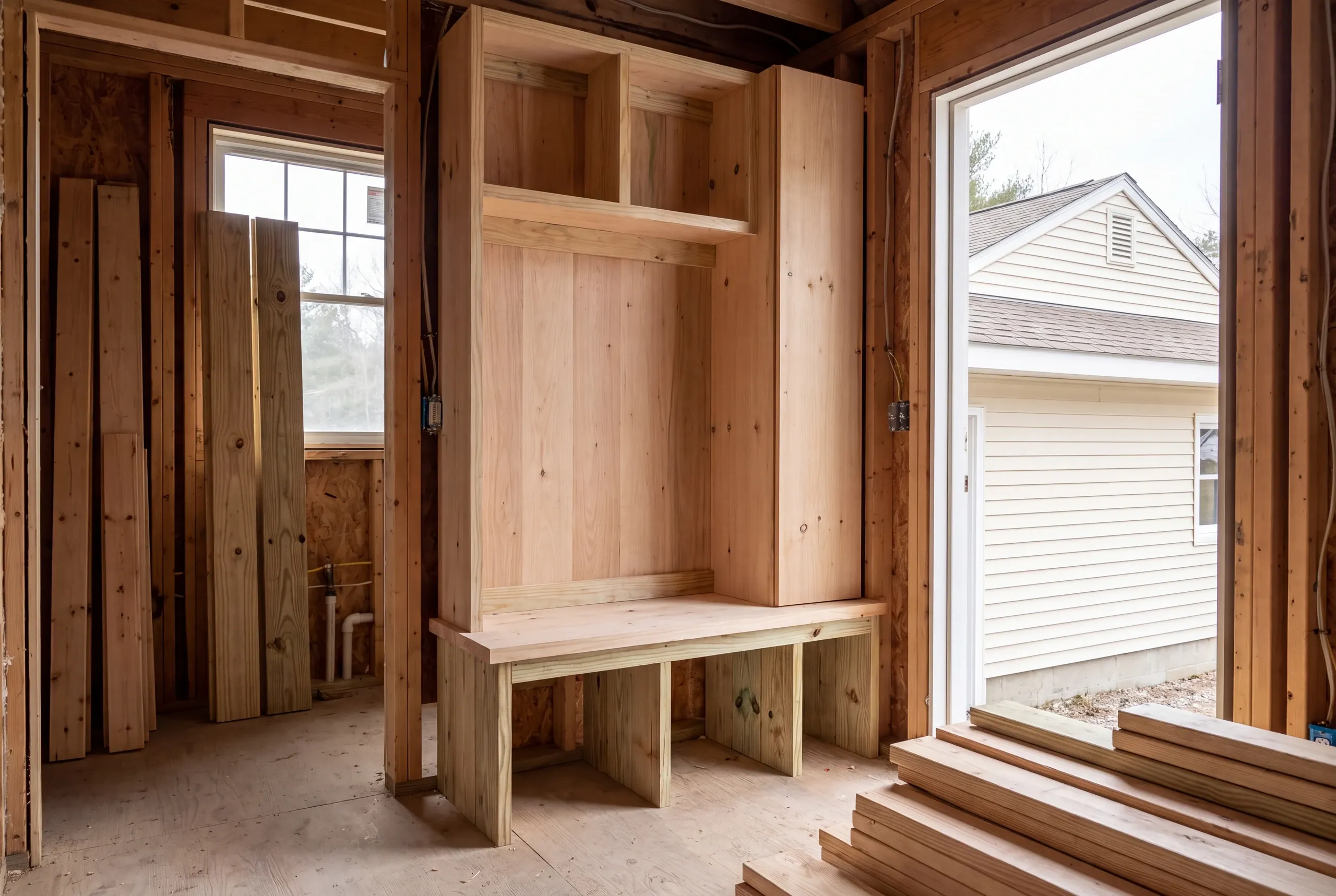 Mudroom bench and cubbies built beside a Fairfield kitchen entry