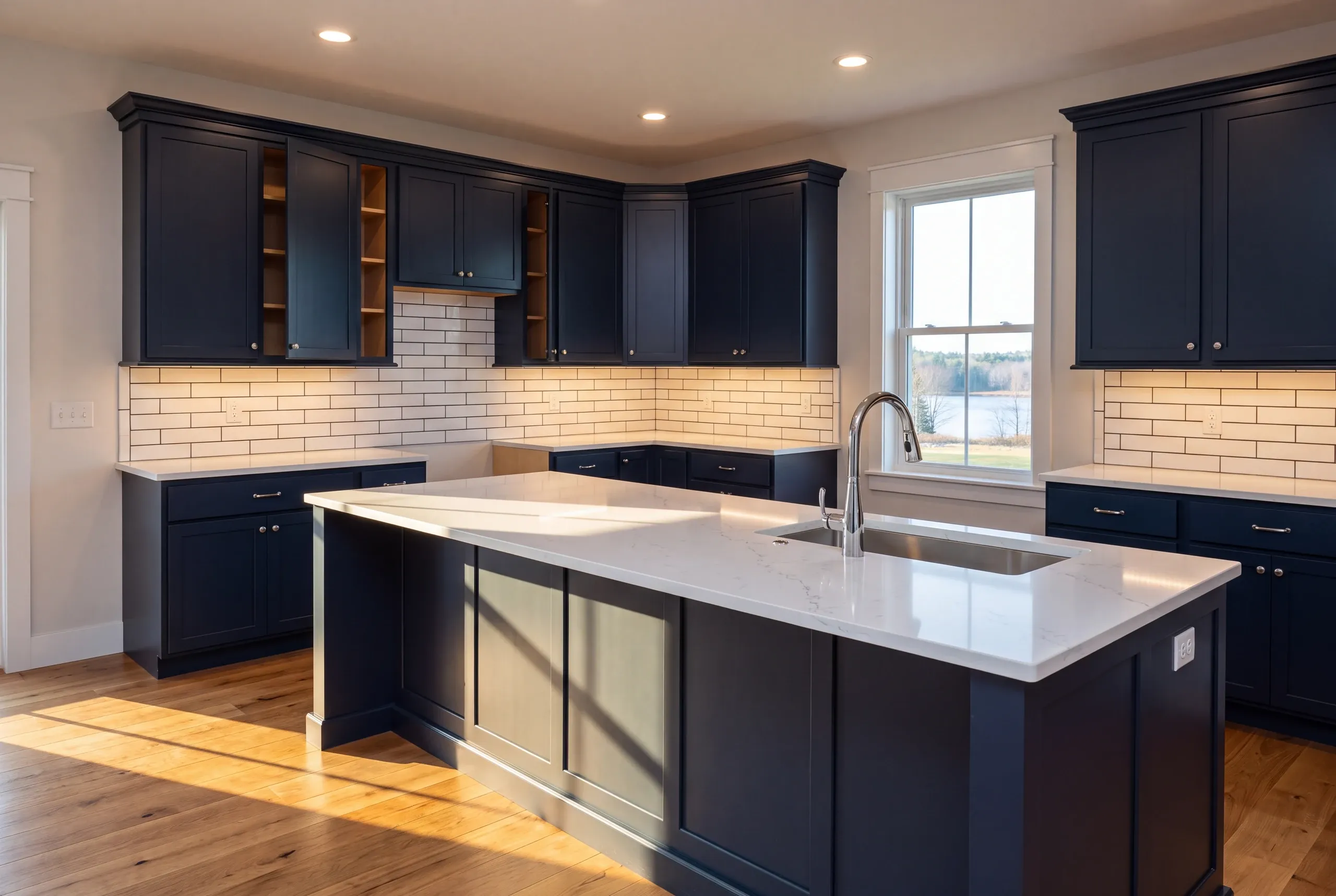 Finished farmhouse kitchen with a large island in Fairfield, Maine