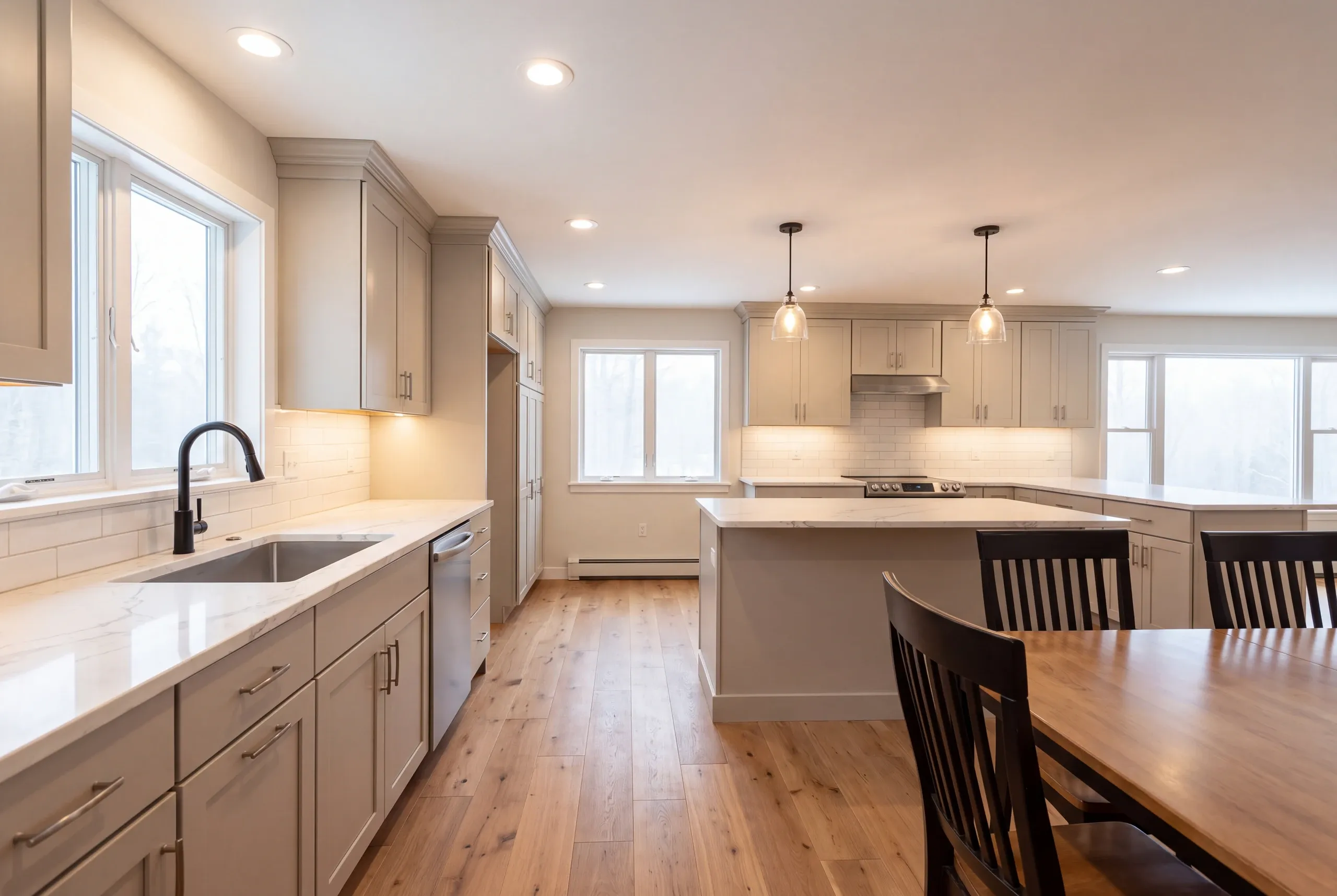 Finished Fairfield kitchen seen from the adjoining dining area