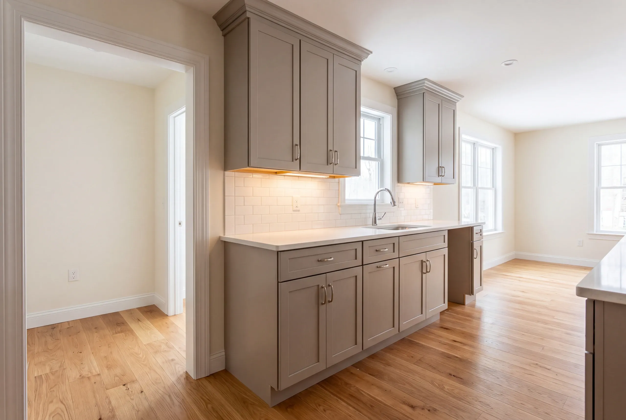 Finished kitchen in a Fairfield, Maine home, wide interior view