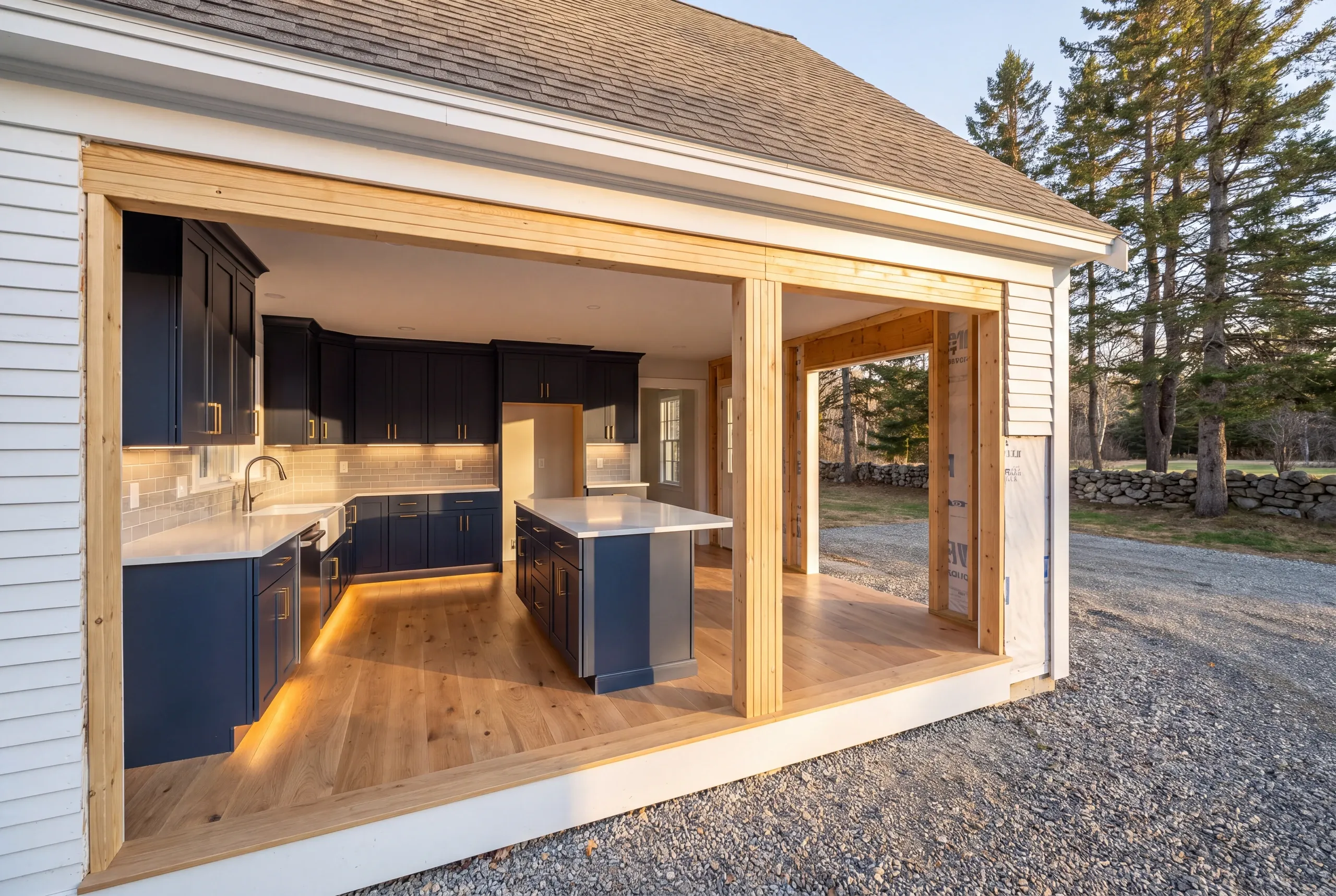 Exterior kitchen wall insulated while open in a Farmington, Maine home