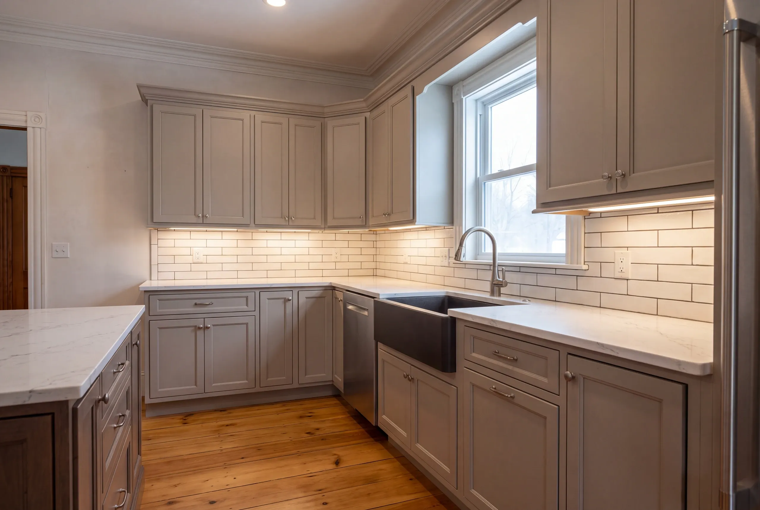 Semi-custom painted cabinets fitted to an out of square Gardiner wall