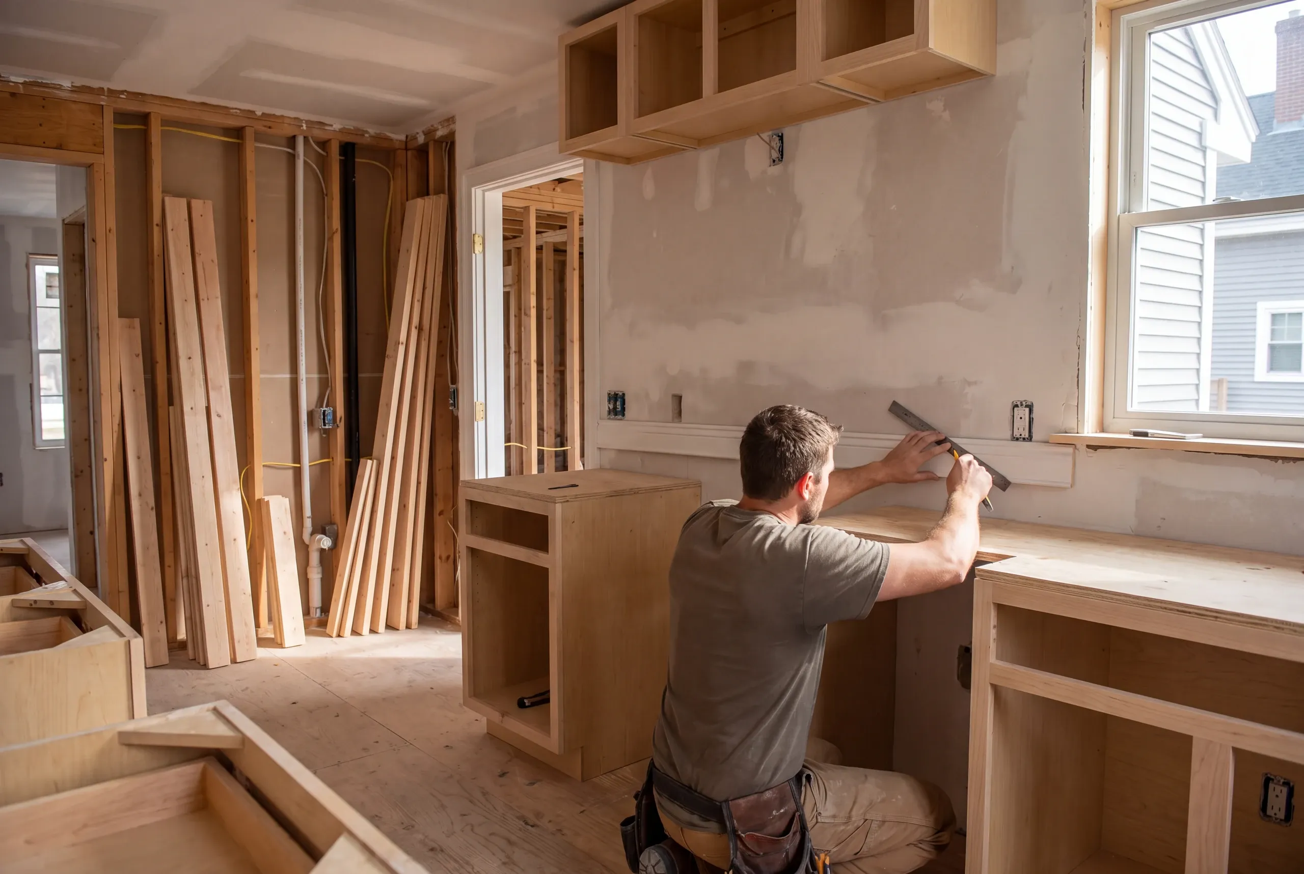 Carpenter scribing trim to an uneven plaster wall in a Gardiner kitchen