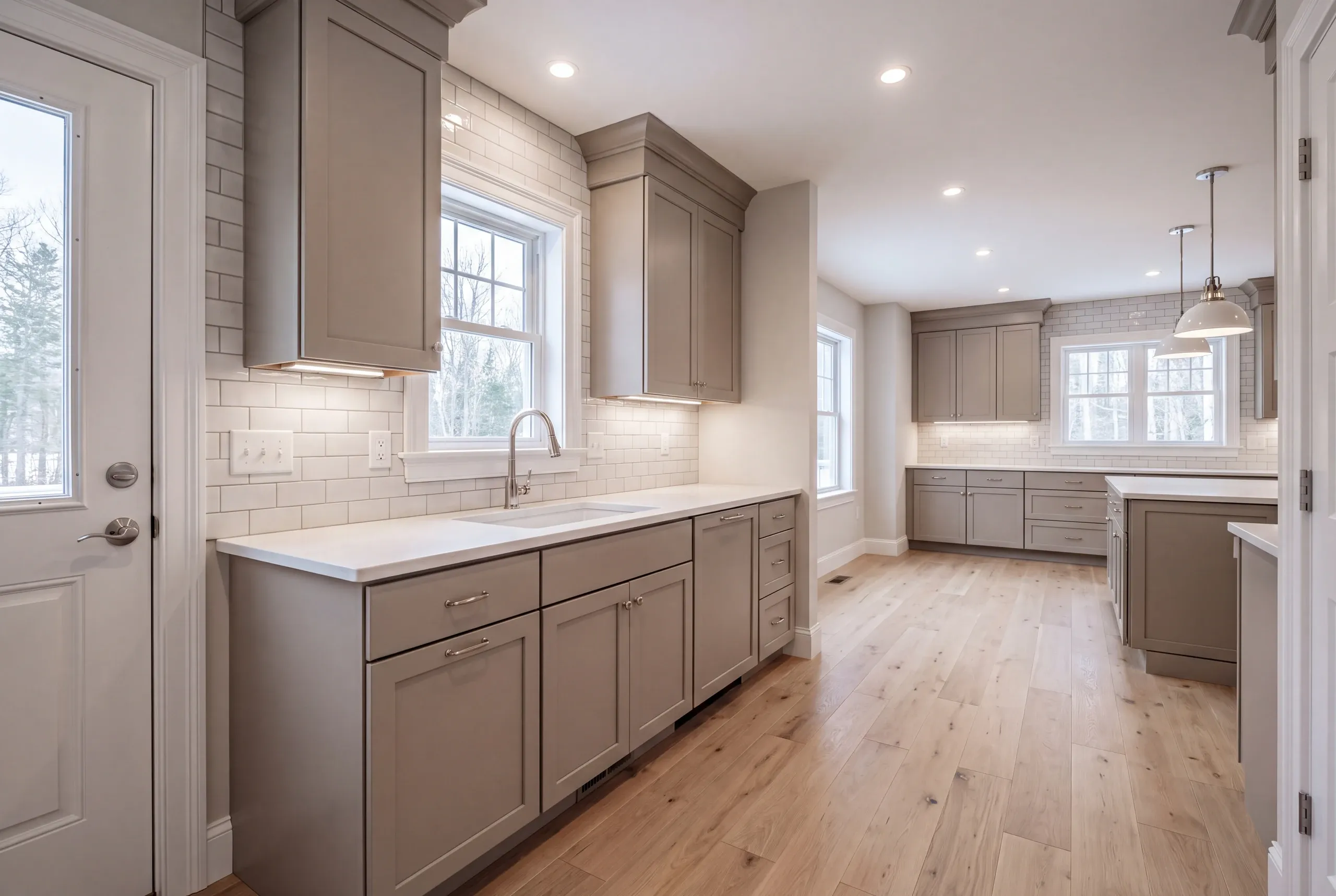 Drop zone and charging shelf built beside a Greene, Maine kitchen entry